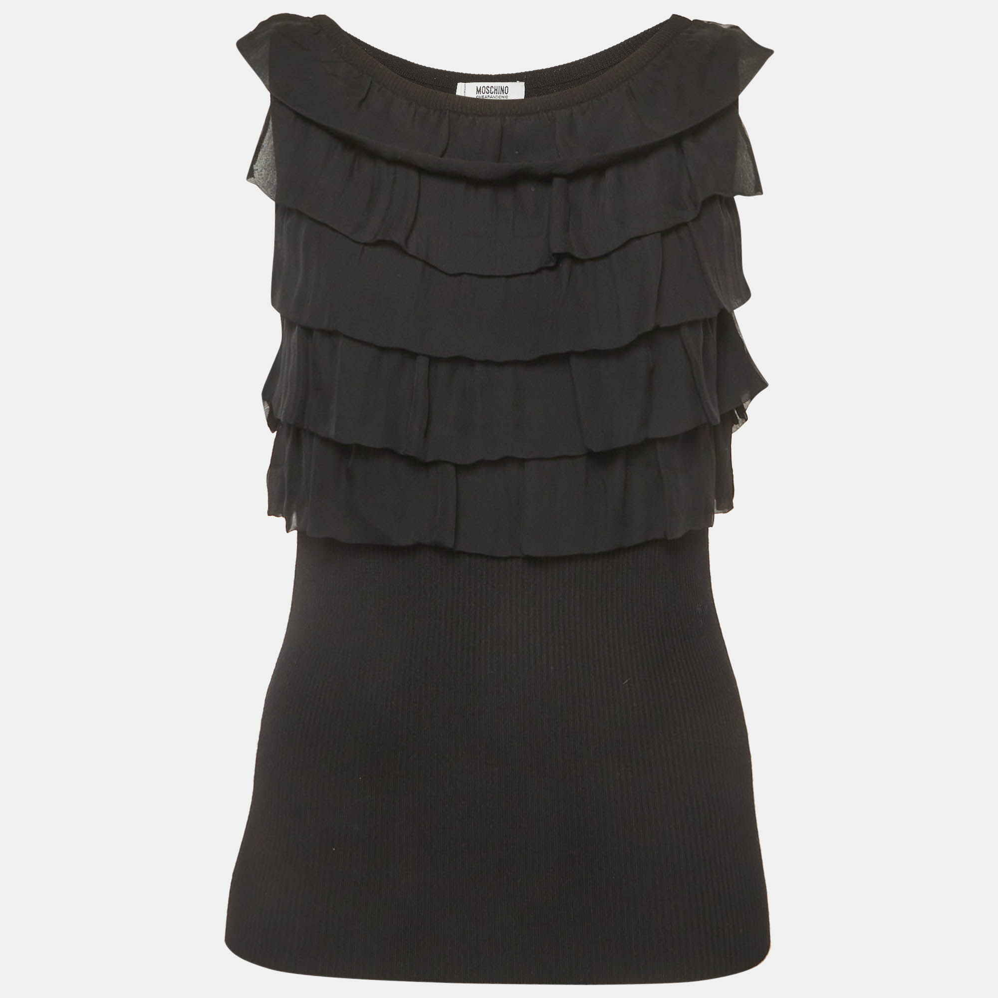 Moschino Cheap and Chic Black Rib Knit and Chiffon Ruffle Top L