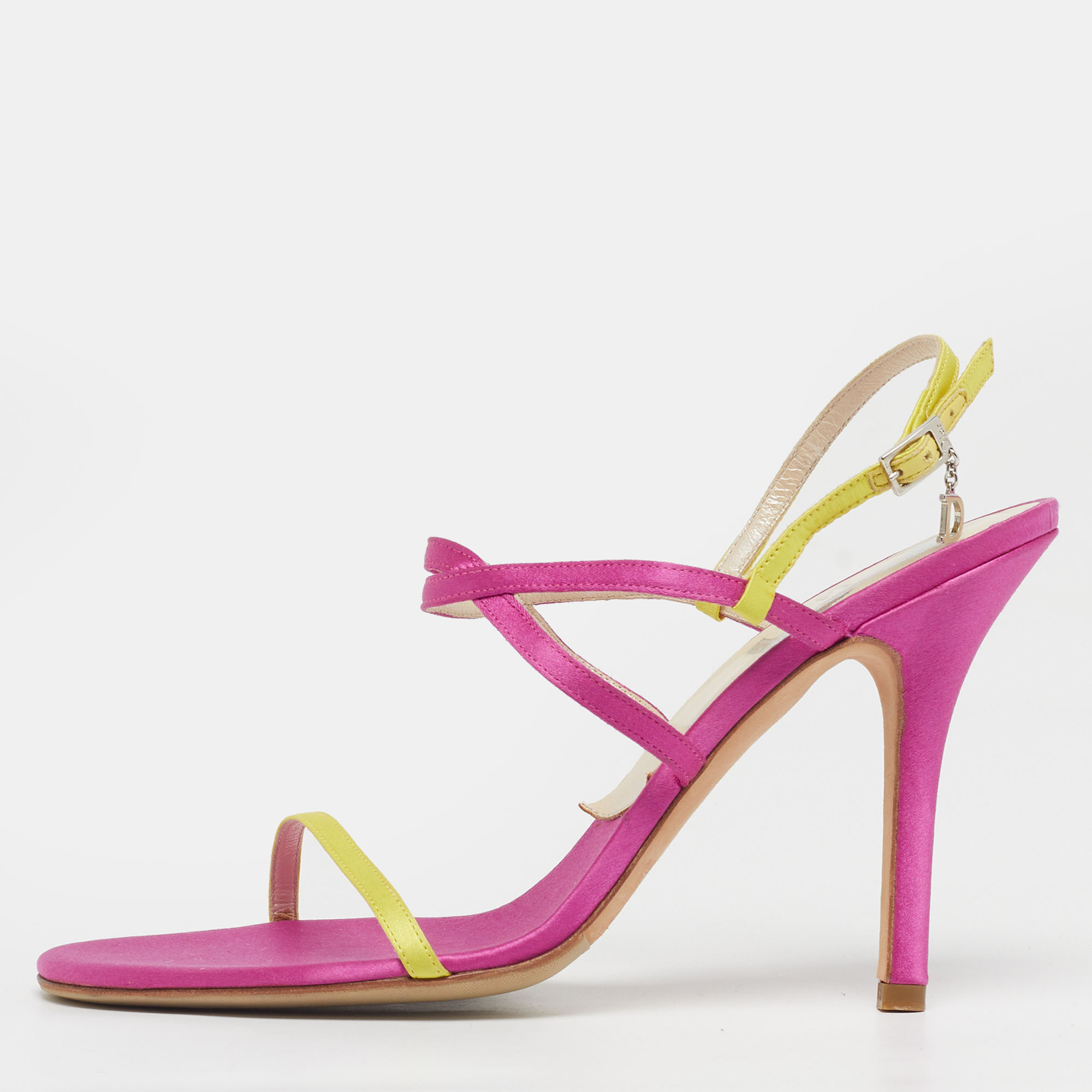 Dior Size 37.5 Pink/Yellow Satin Strappy Slingback Sandals