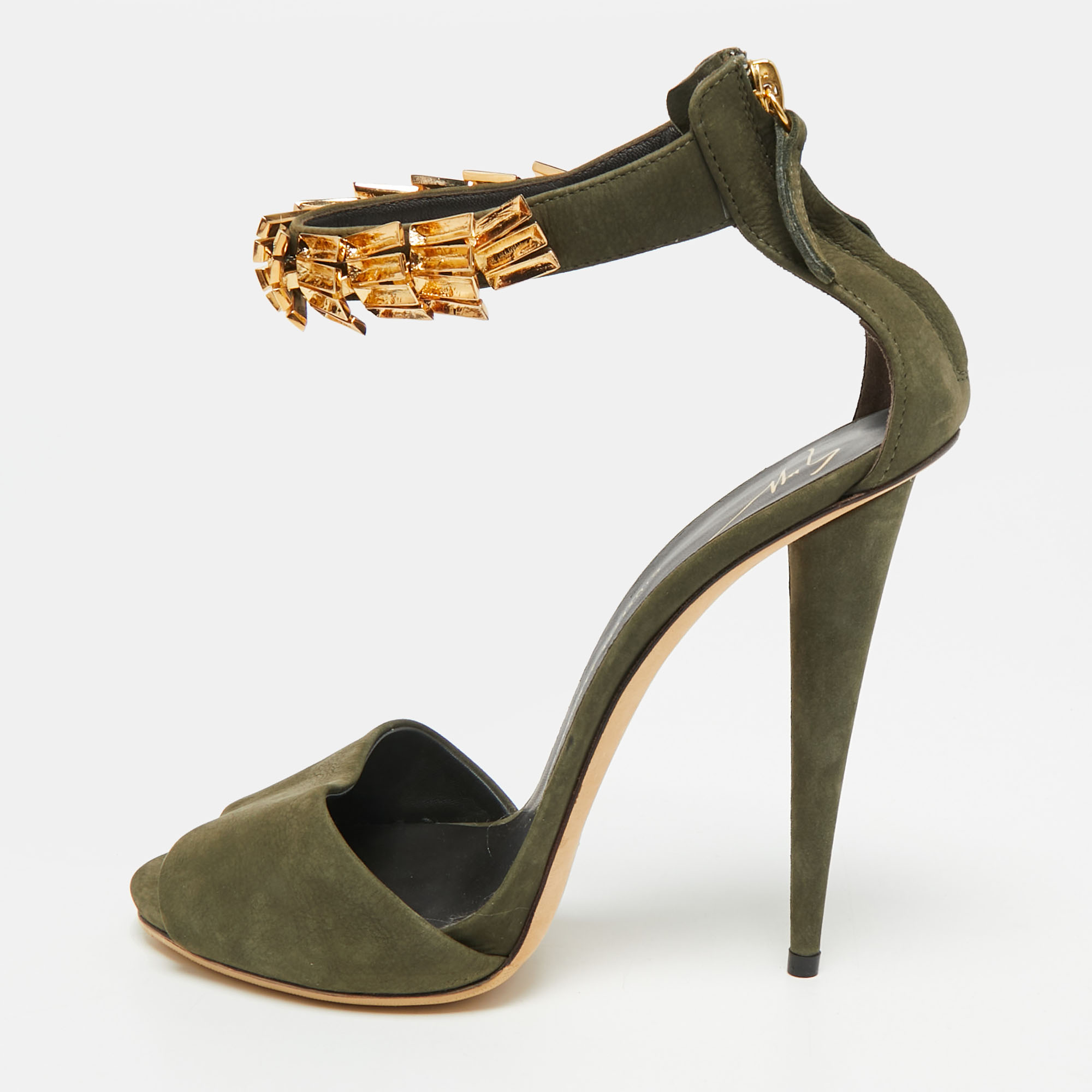 Giuseppe Zanotti Size 39 Green Nubuck Leather Ankle Strap Sandals