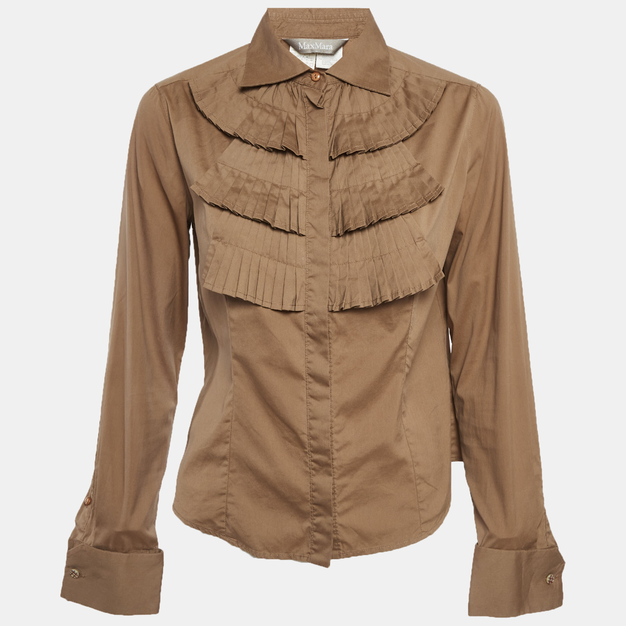 Max Mara Brown Cotton Frilled Shirt M