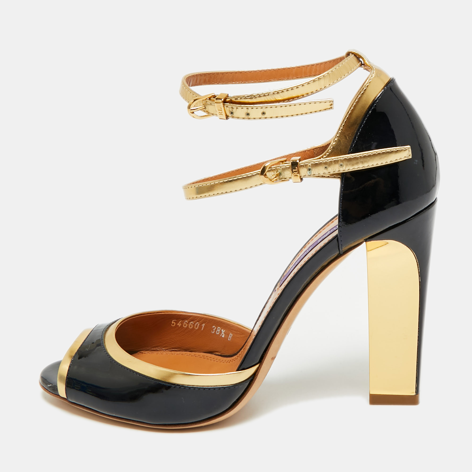 Ralph Lauren Size 38.5 Black Leather and Patent Leather Ankle Strap Sandals