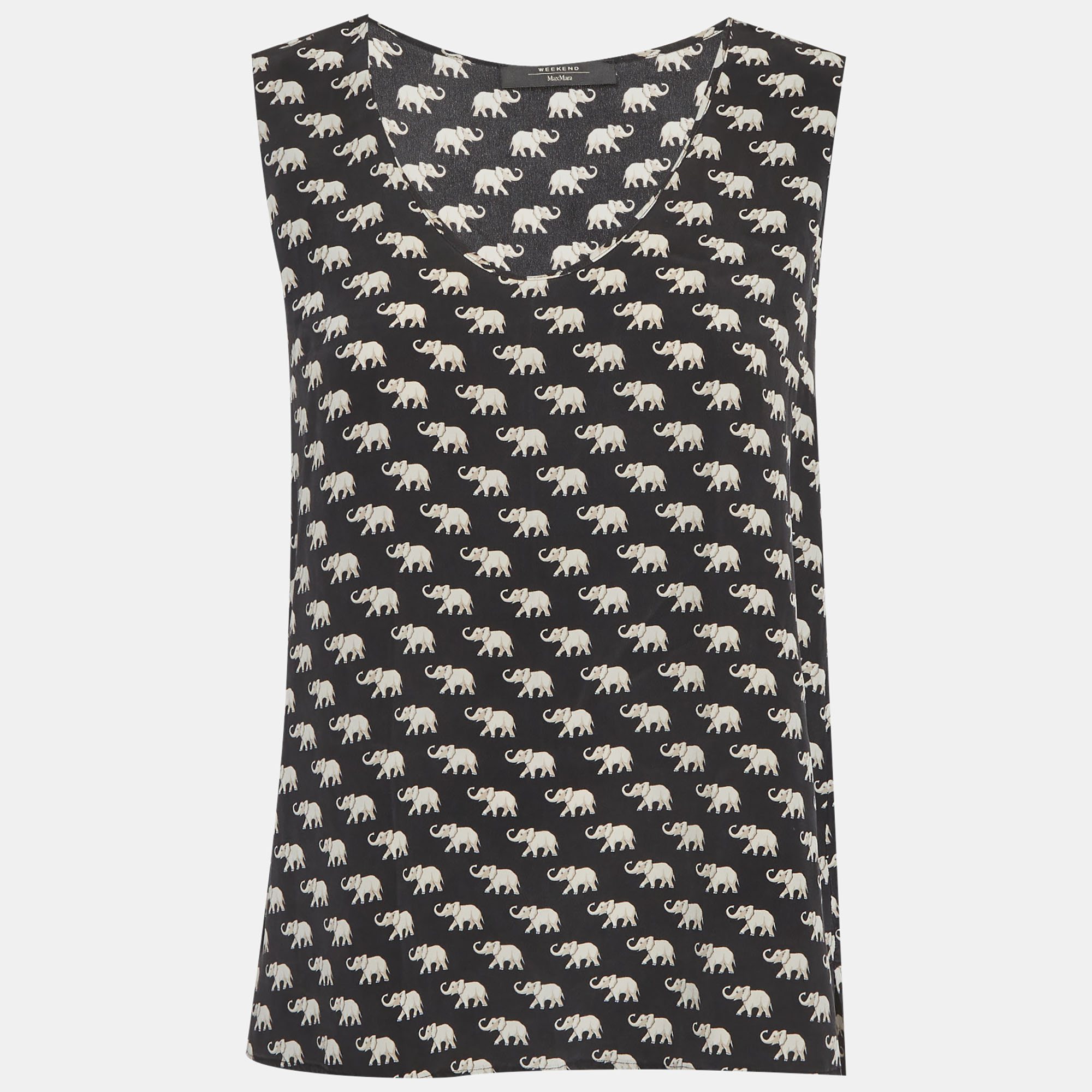 Weekend Max Mara Black Elephant Print Silk Sleeveless Top S