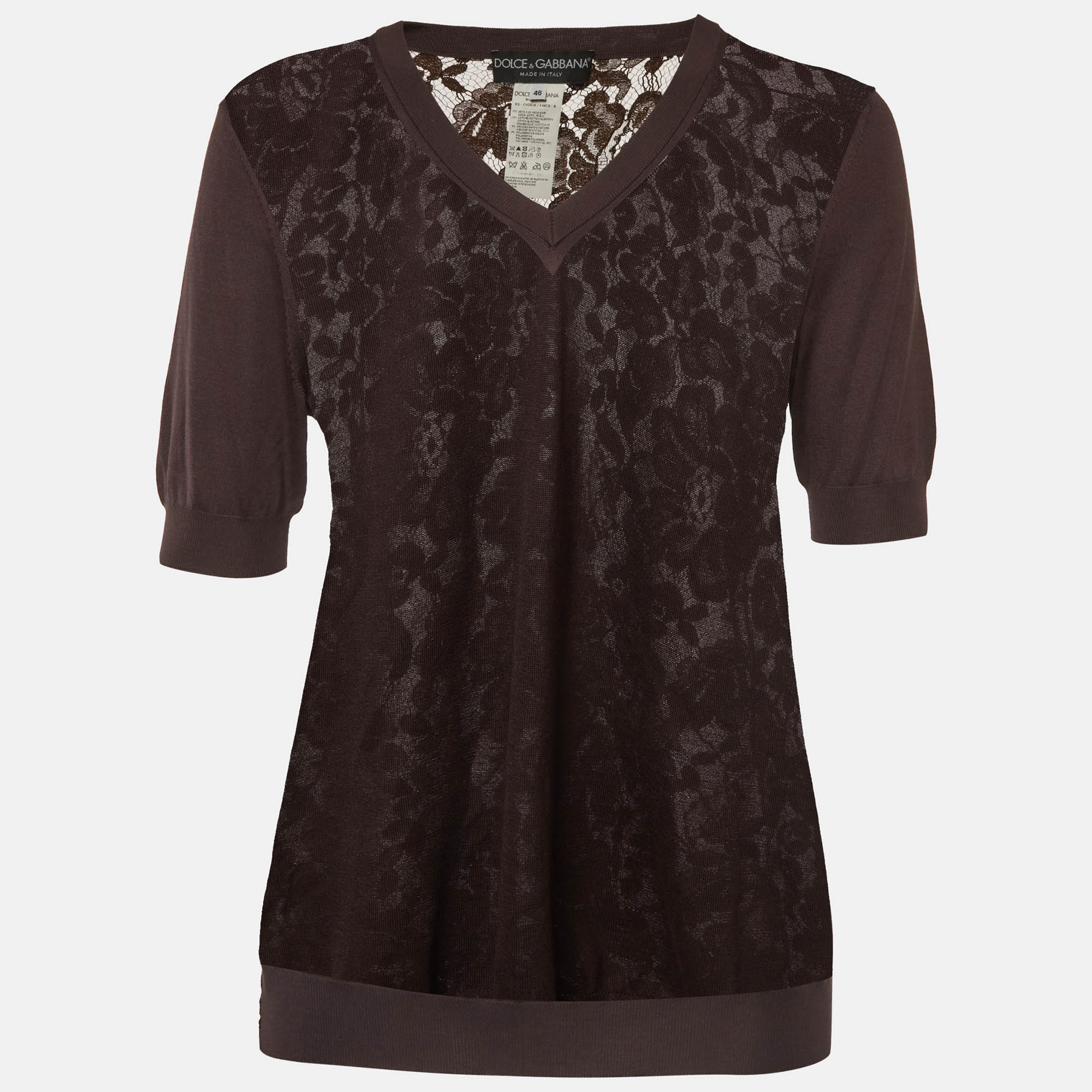 Dolce & Gabbana Brown Jersey and Lace Sheer Back Top L