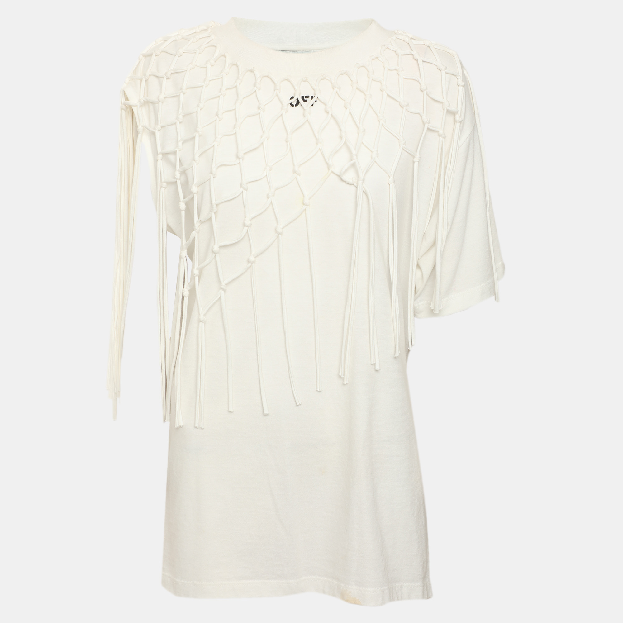 Off-White White Jersey Knit Details Fringes Top S