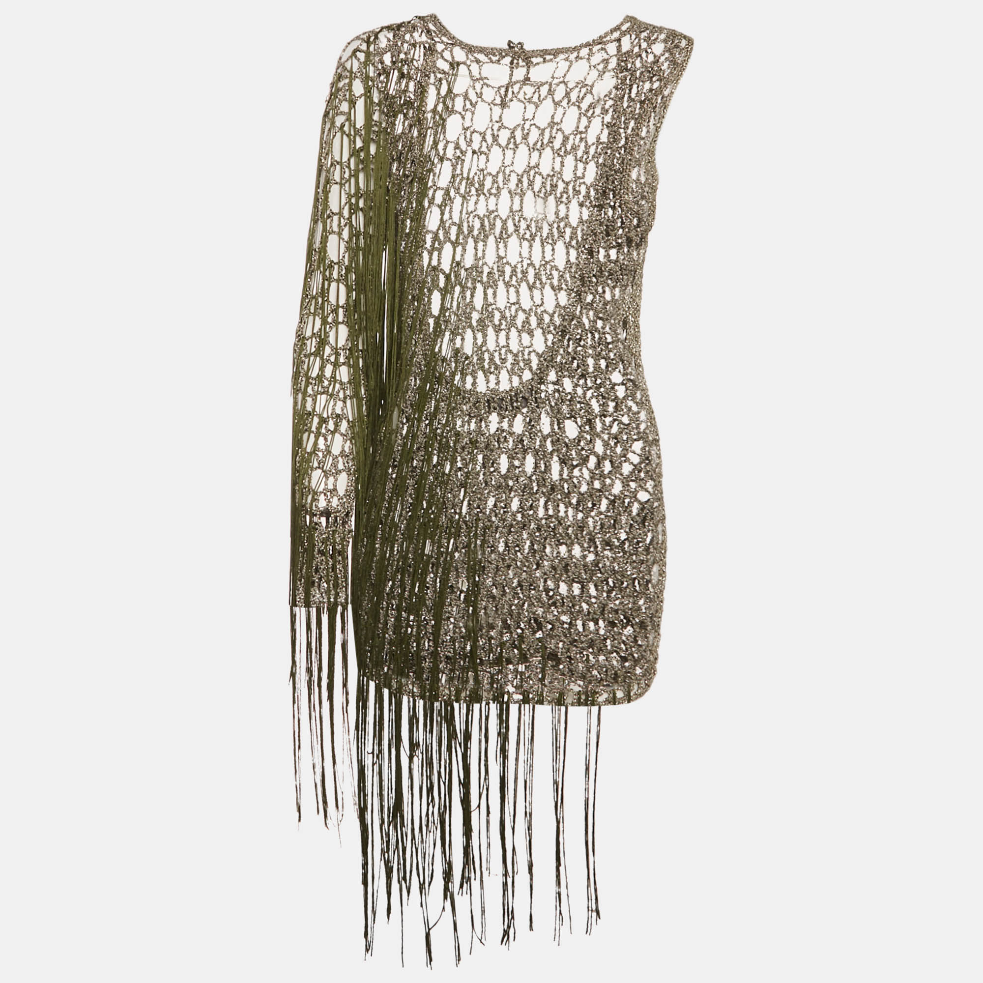Sādh Green Crochet Fringed Sheer Asymmetric Sleeve Top M Sādh