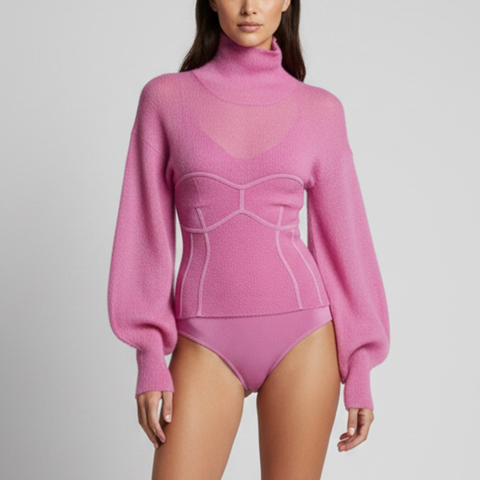 Herve Leger Pink Mohair Paneled Knit Turtleneck Bodysuit Top S
