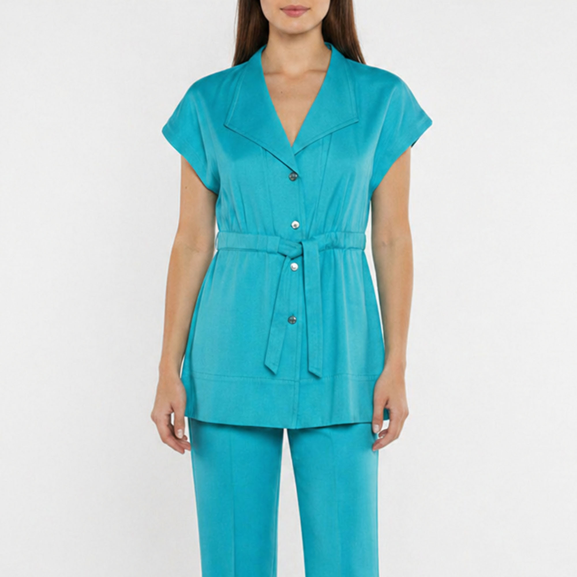 Escada Turquoise Textured Cotton Button Up Belted Top S