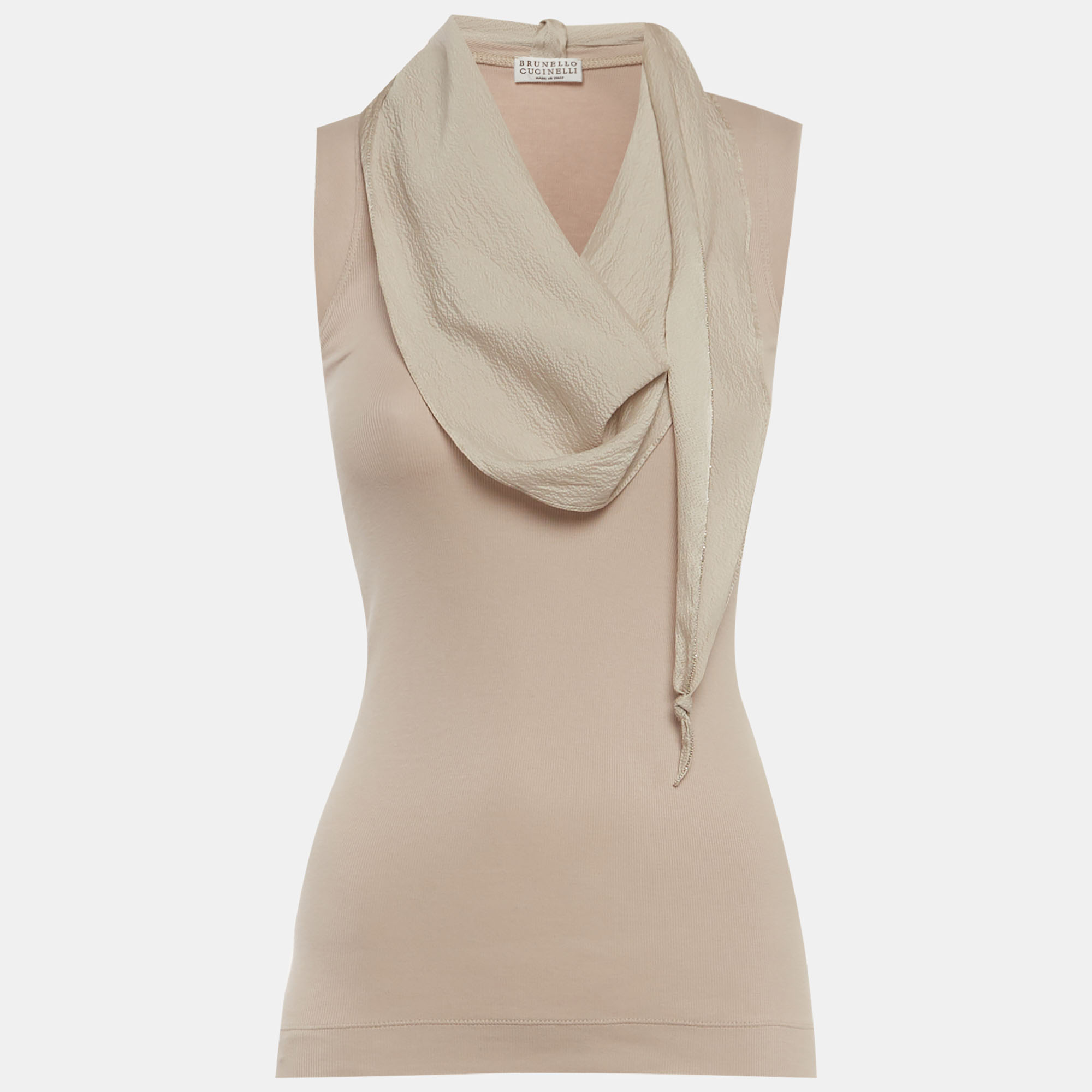 Brunello Cucinelli Grey Rib Knit and Silk Monili Detail Tank Top XS