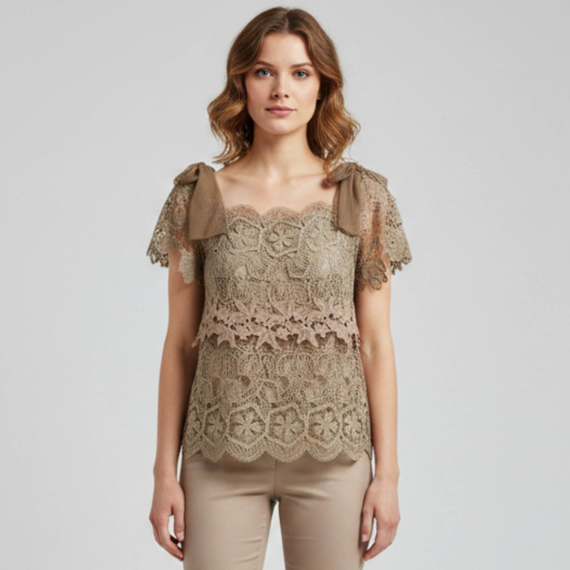 Alberta Ferretti Beige Silk and Lace Ruffled Sleeveless Top M