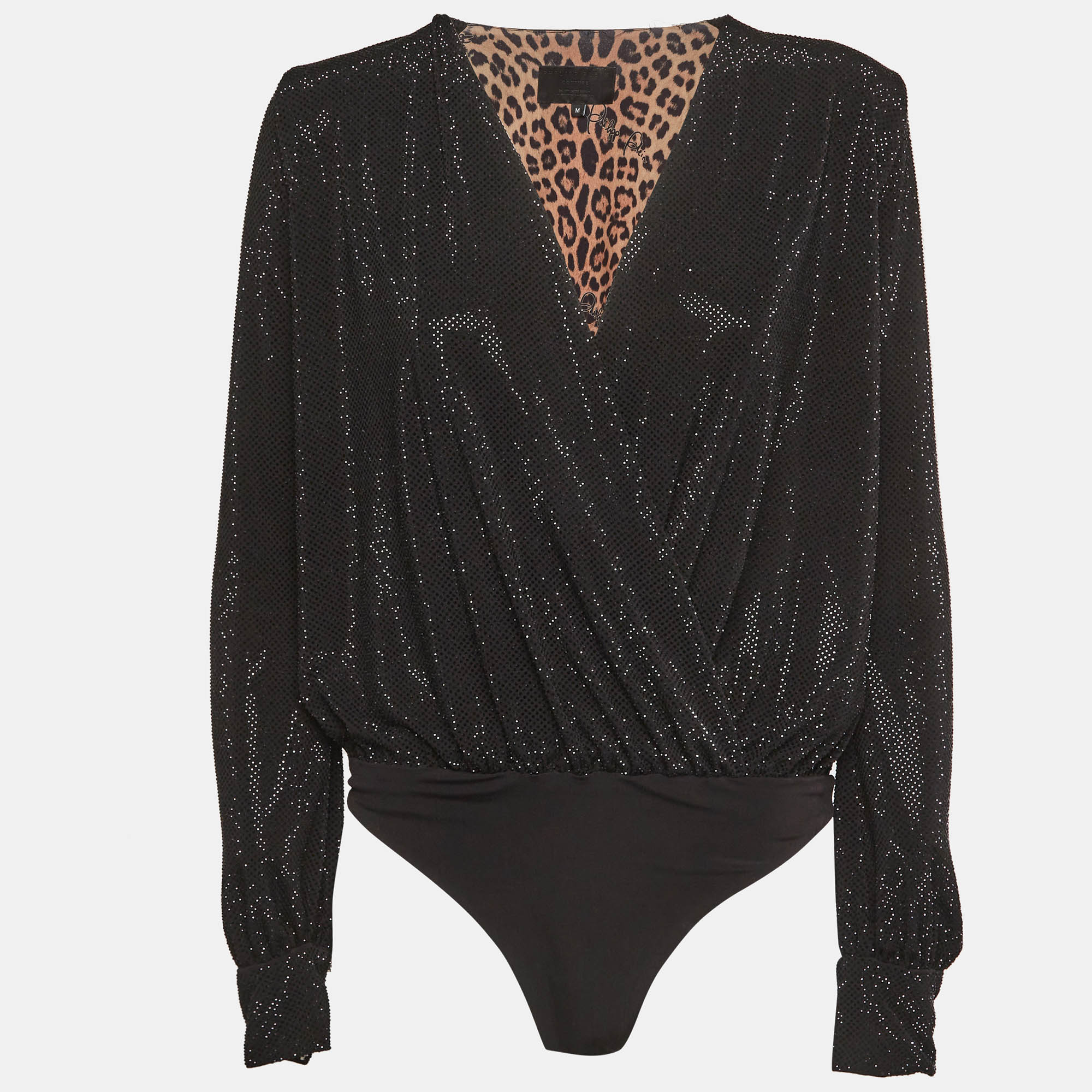 Philipp Plein Black Jersey Crystal Embellished Wrap Bodysuit M