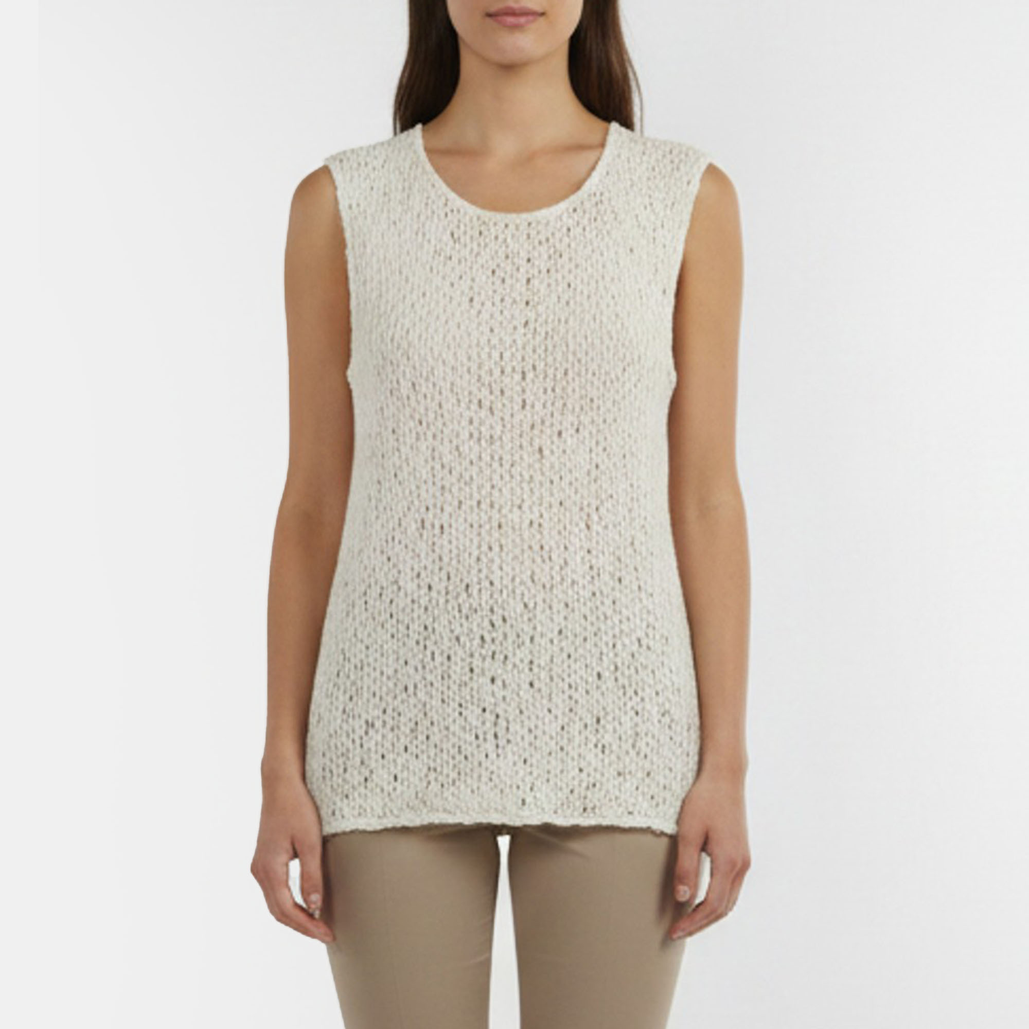 Nina Ricci Cream Weave Pattern Chiffon Sleeveless Top M