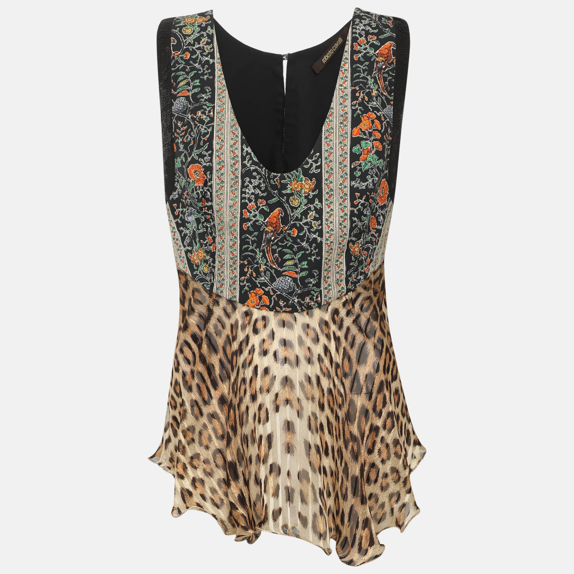 Roberto Cavalli Multicolor Floral and Leopard Printed Satin and Sequin Sleeveless Top M