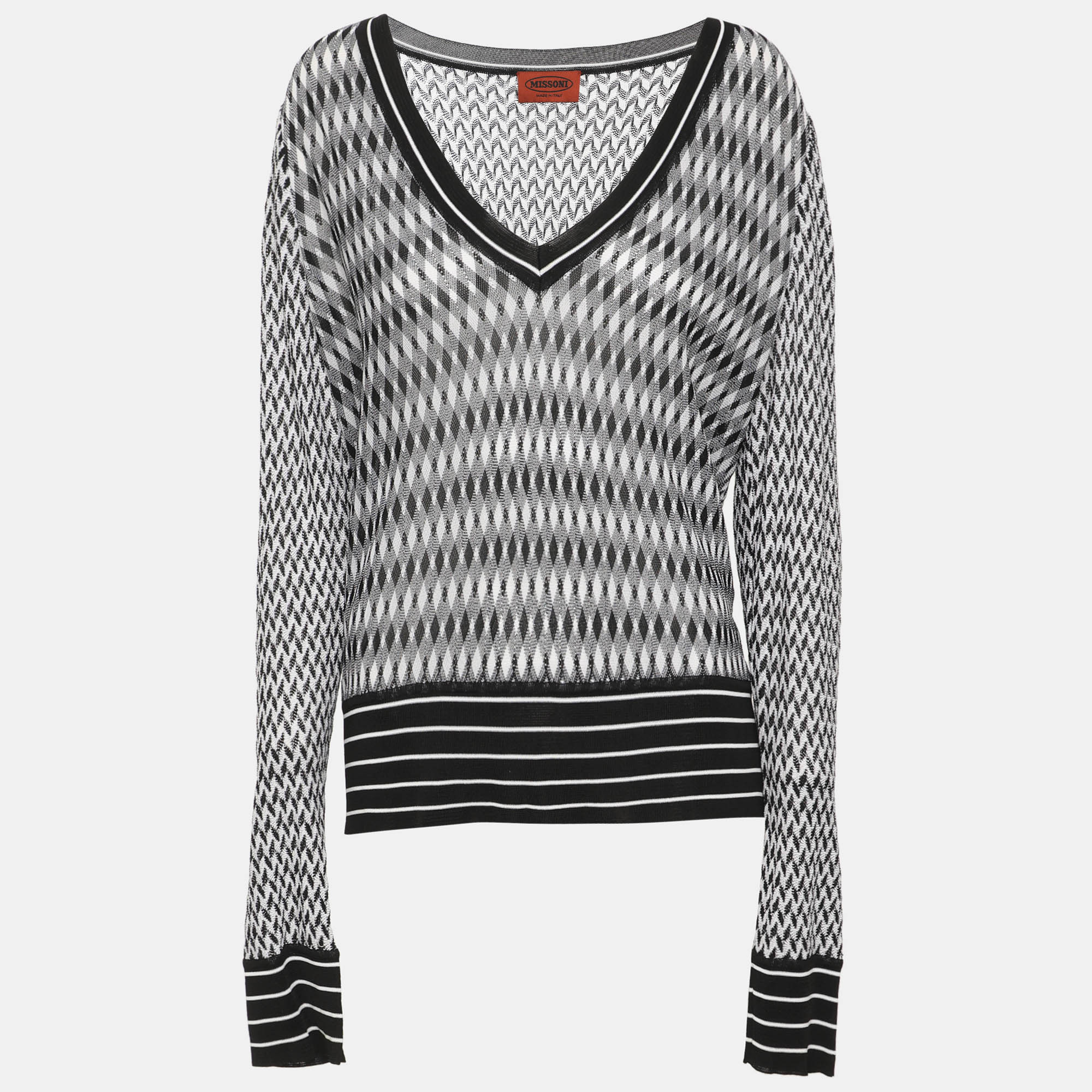 Missoni Black/White Diamond Patterned Knit V Neck Sweater L