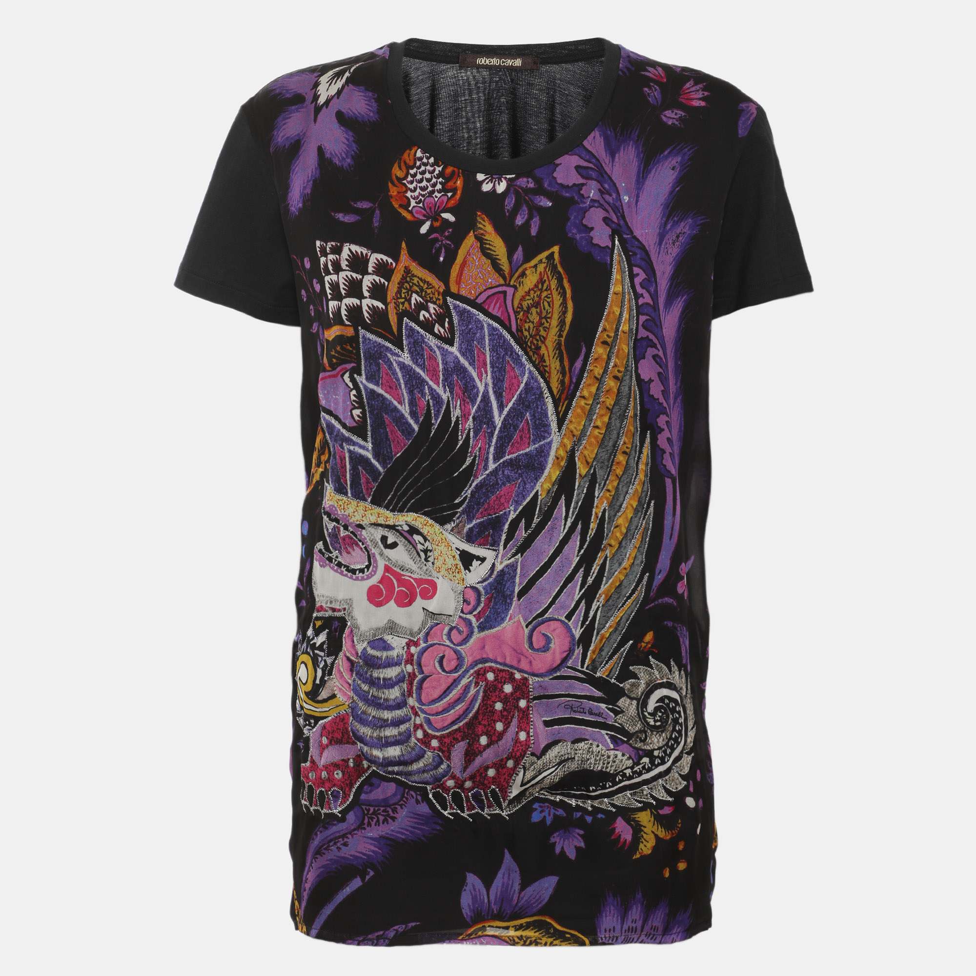 Roberto Cavalli Black Multicolor Printed Cotton and Chiffon Top M