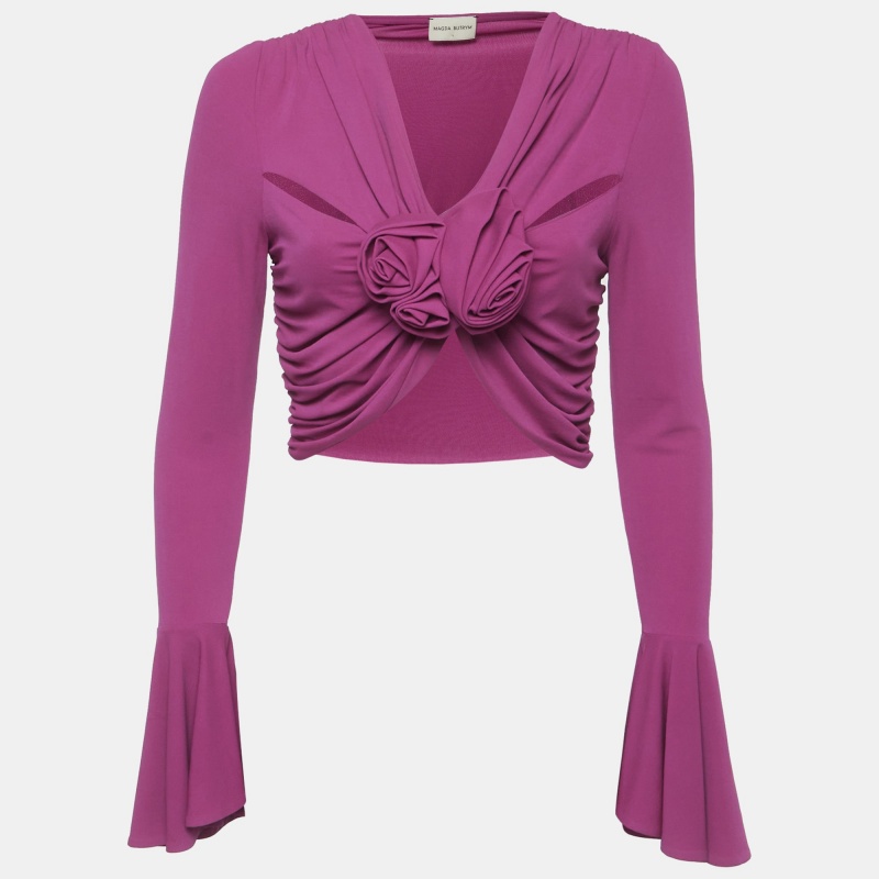Magda Butrym Purple Flower Applique Draped Jersey Crop Top M