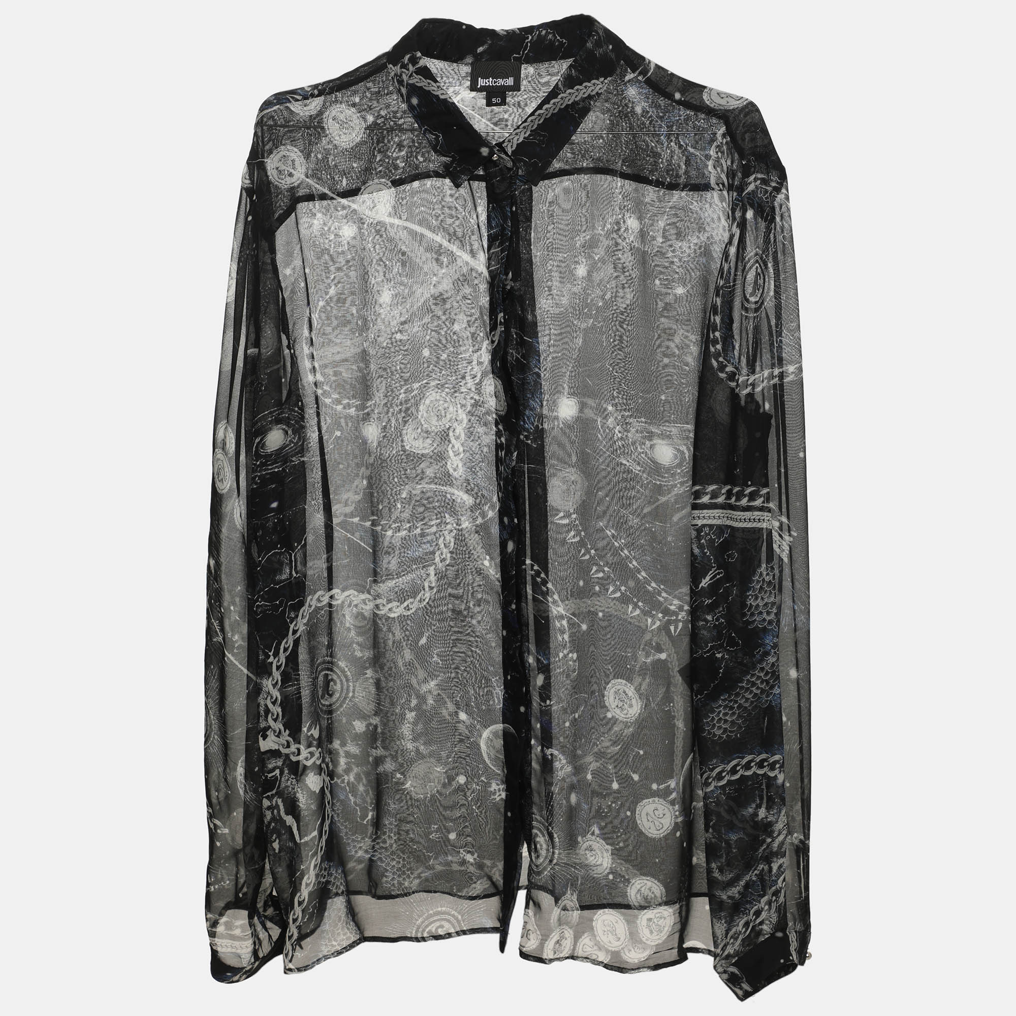 Just Cavalli Black Multicolor Printed Chiffon Long Sleeve Shirt XL