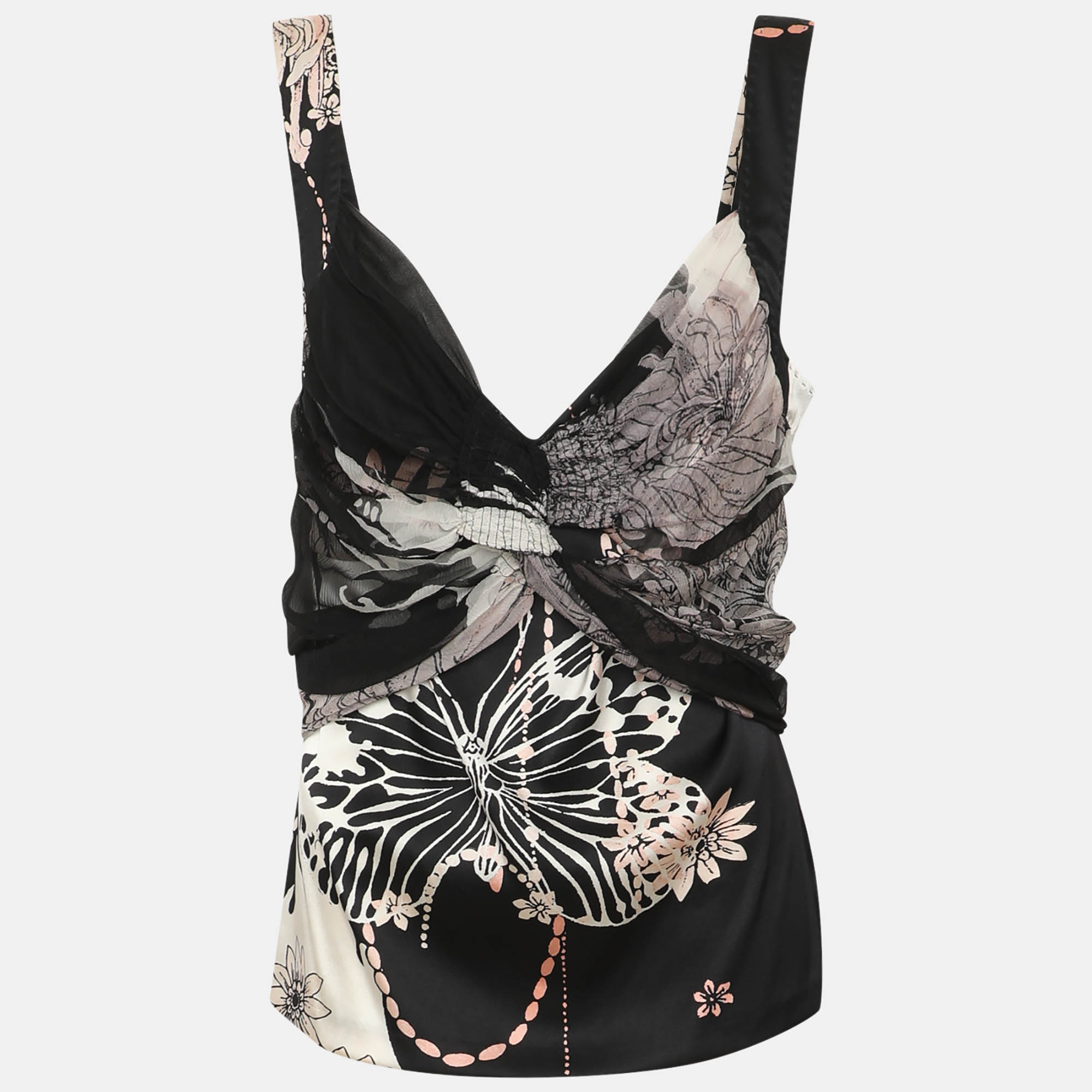 Roberto Cavalli Black Multicolor Printed Stretch Satin Camisole L