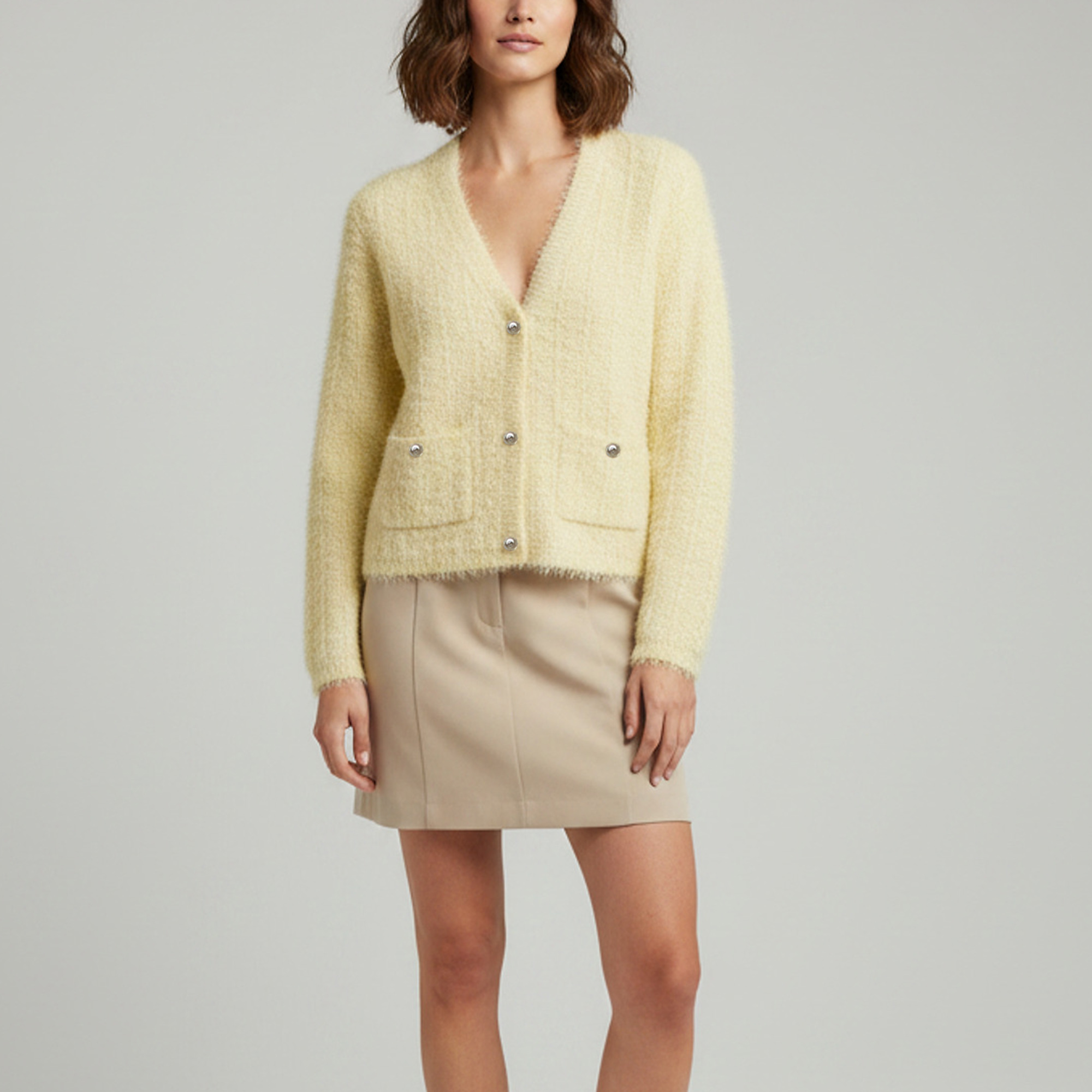 Maje Yellow Tweed Effect Knit Cropped Missionette Cardigan L