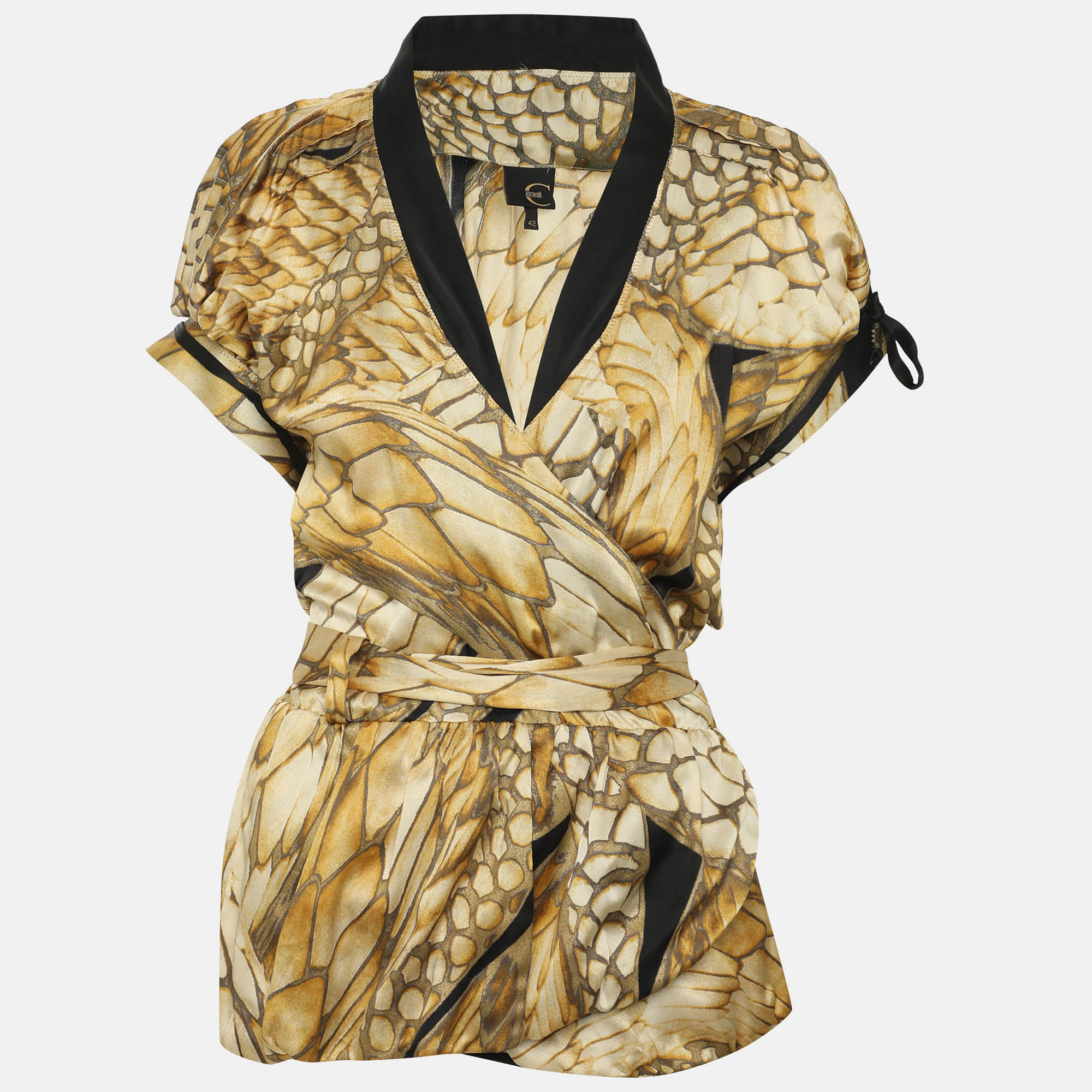 Just Cavalli Beige/Yellow Printed Satin Wrap Top M