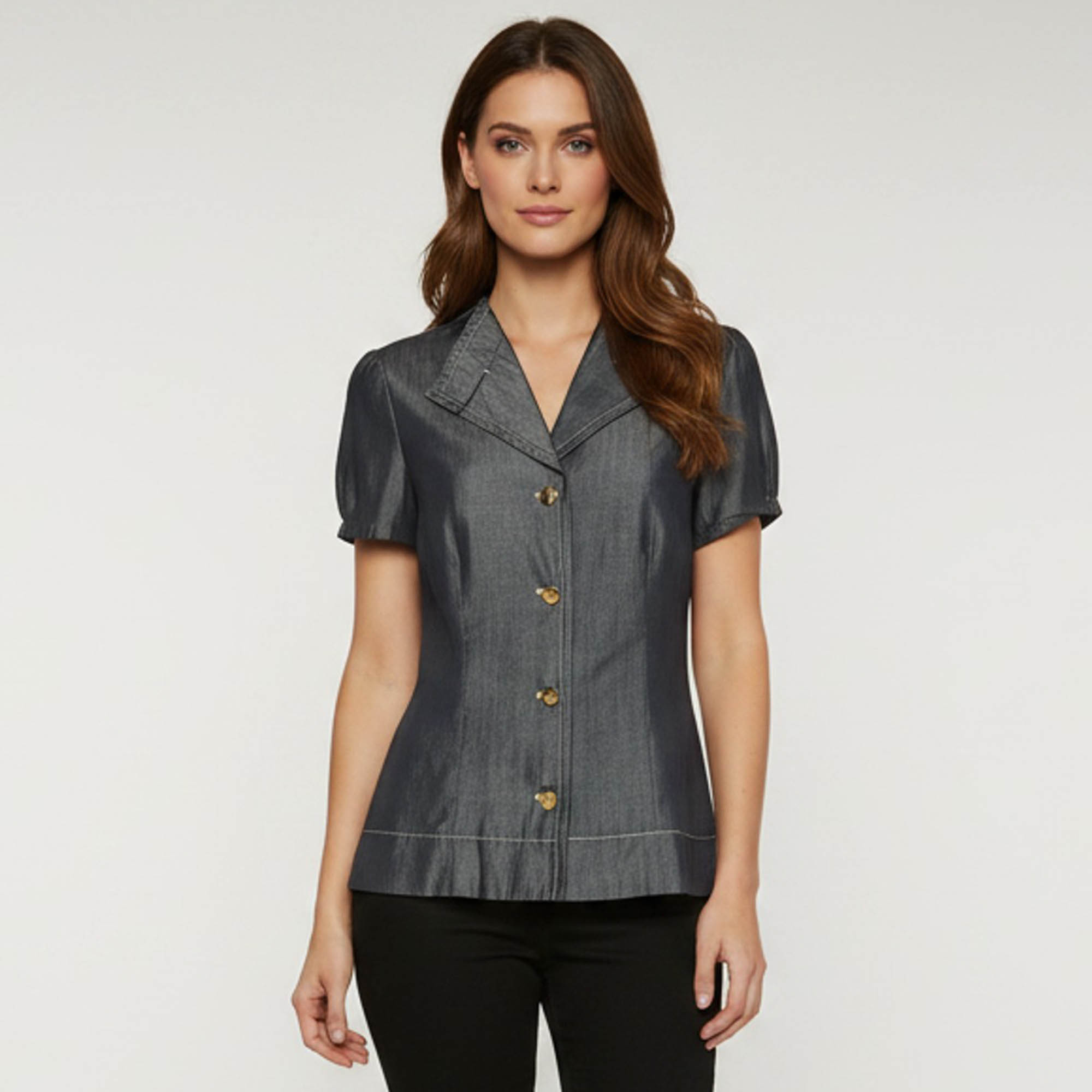 Escada Blue Chambray Short Sleeve Fitted Top M