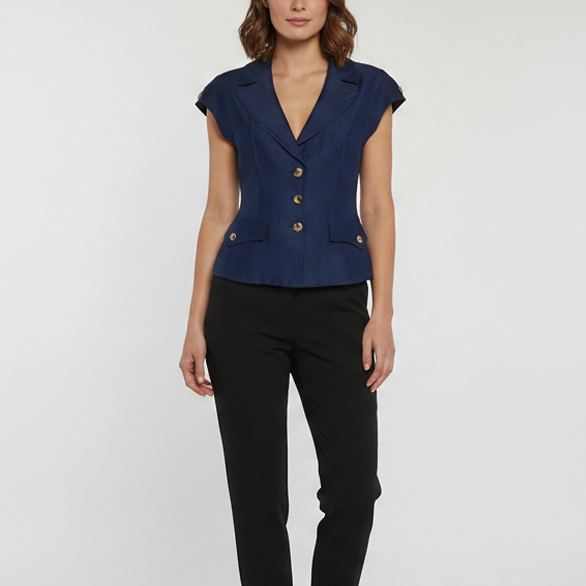 Escada Navy Blue Linen and Silk Blend Cap Sleeve Button Up Top M