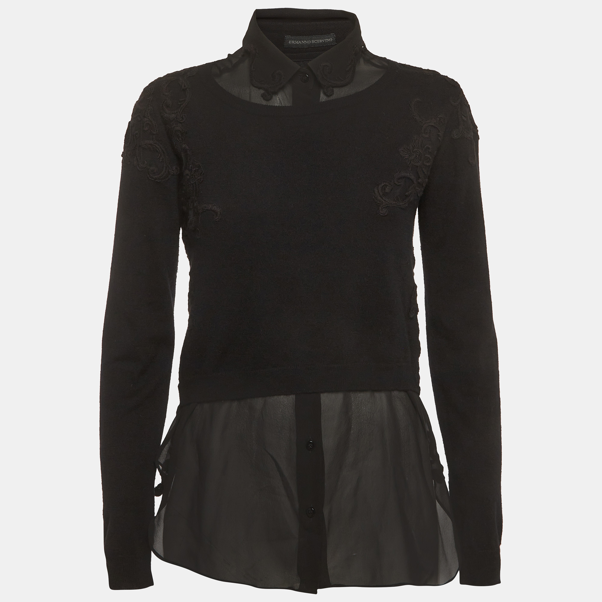 Ermanno Scervino Black Sheer Silk Lining and Cashmere Knit Pullover M