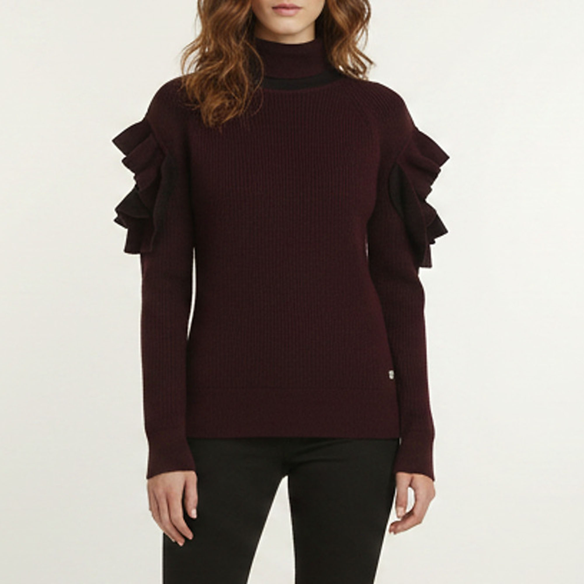 Versace Burgundy Rib Knit Ruffled Turtle Neck Sweater M