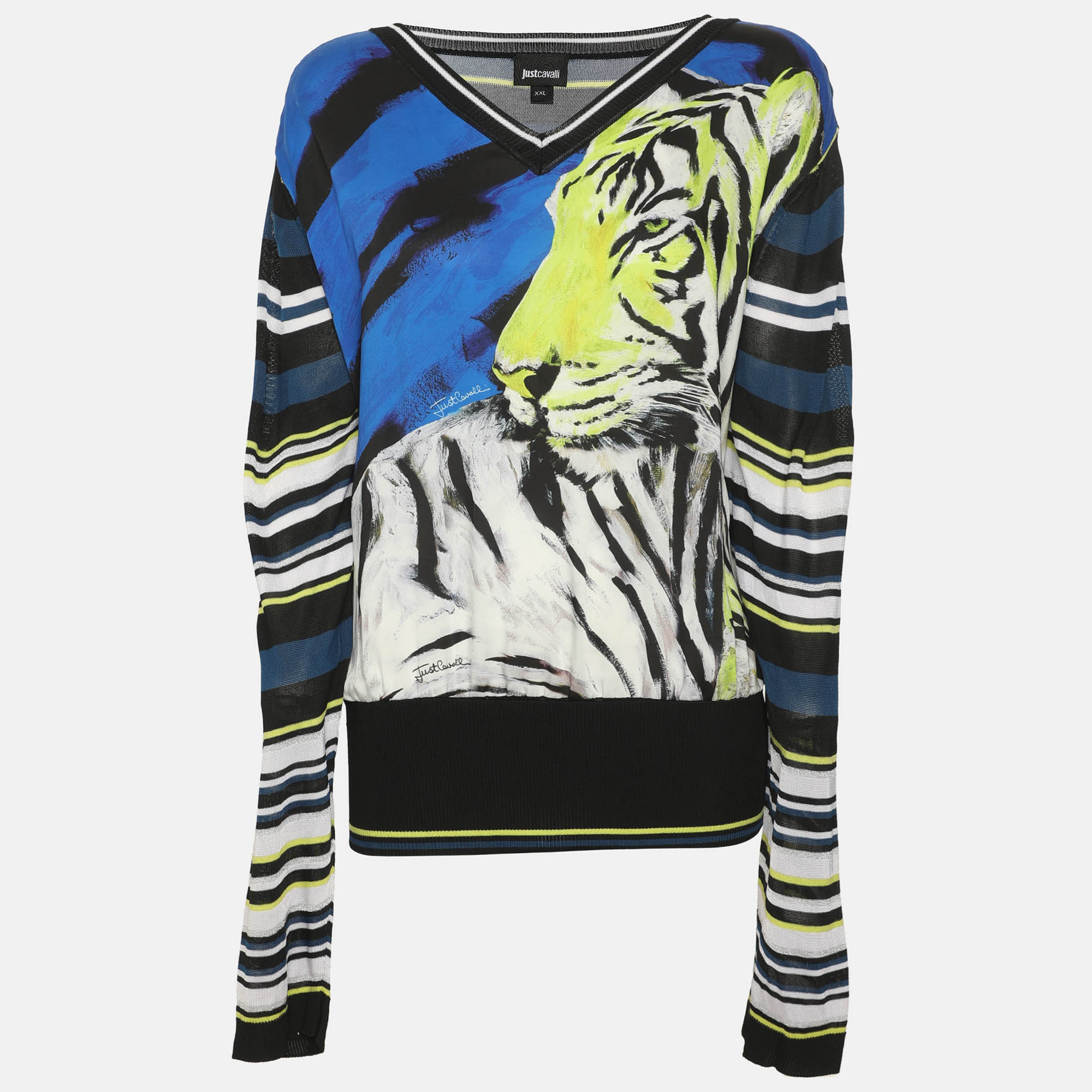 Just Cavalli Multicolor Printed Jersey V Neck Sweater XXL