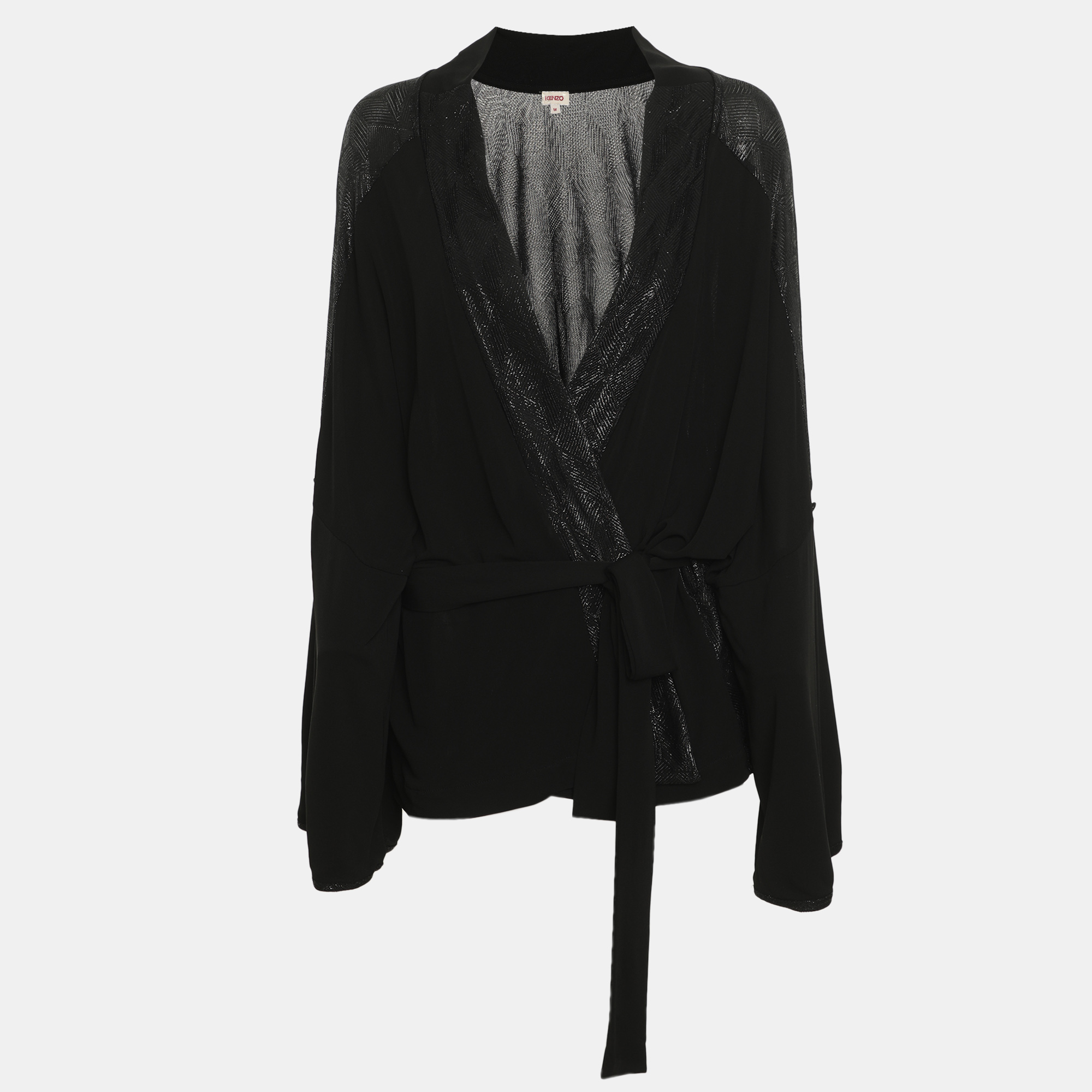 Kenzo Black Metallic Satin and Knit Belted Cardigan M