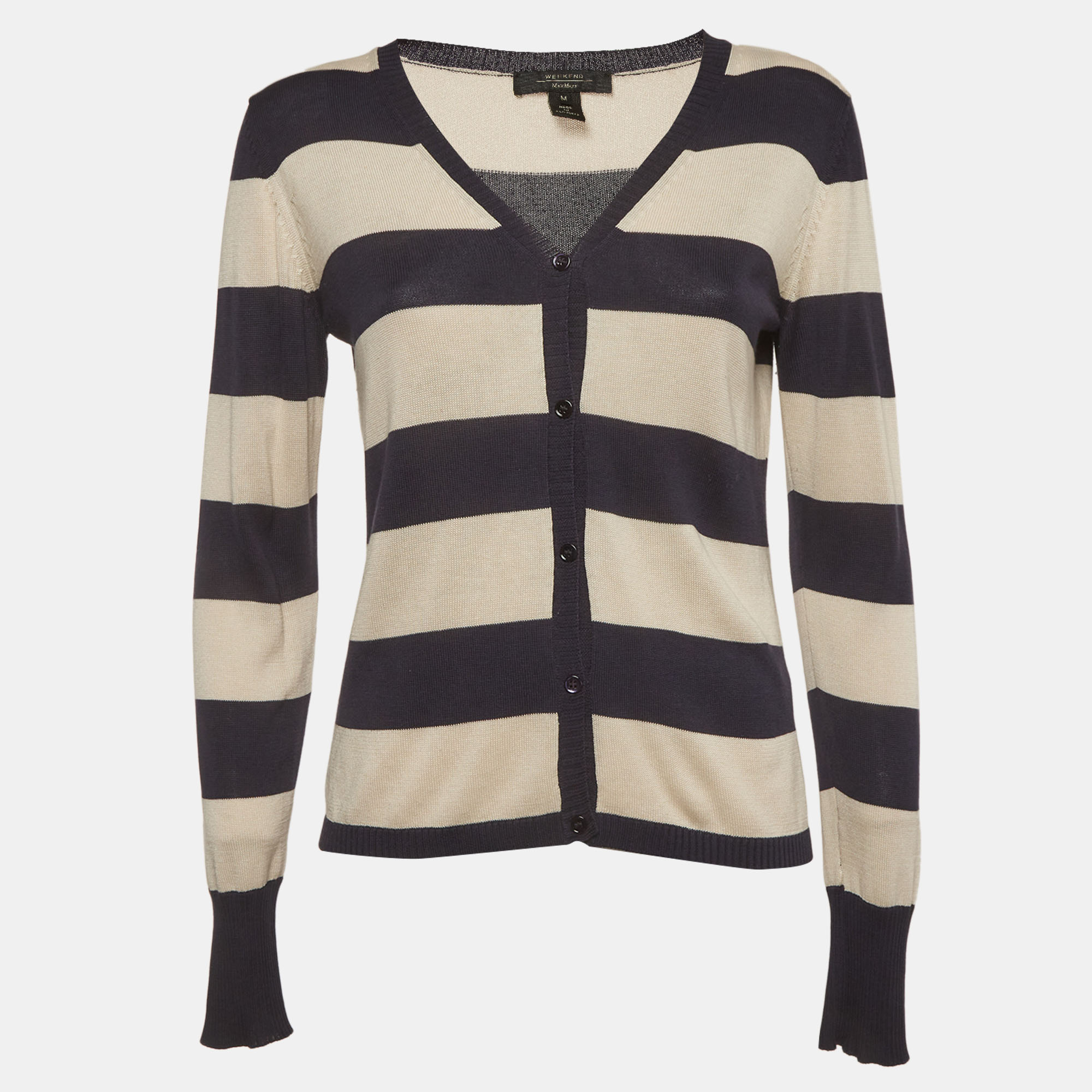 Weekend Max Mara Navy Blue/Cream Stripe Knitted V-Neck Cardigan M