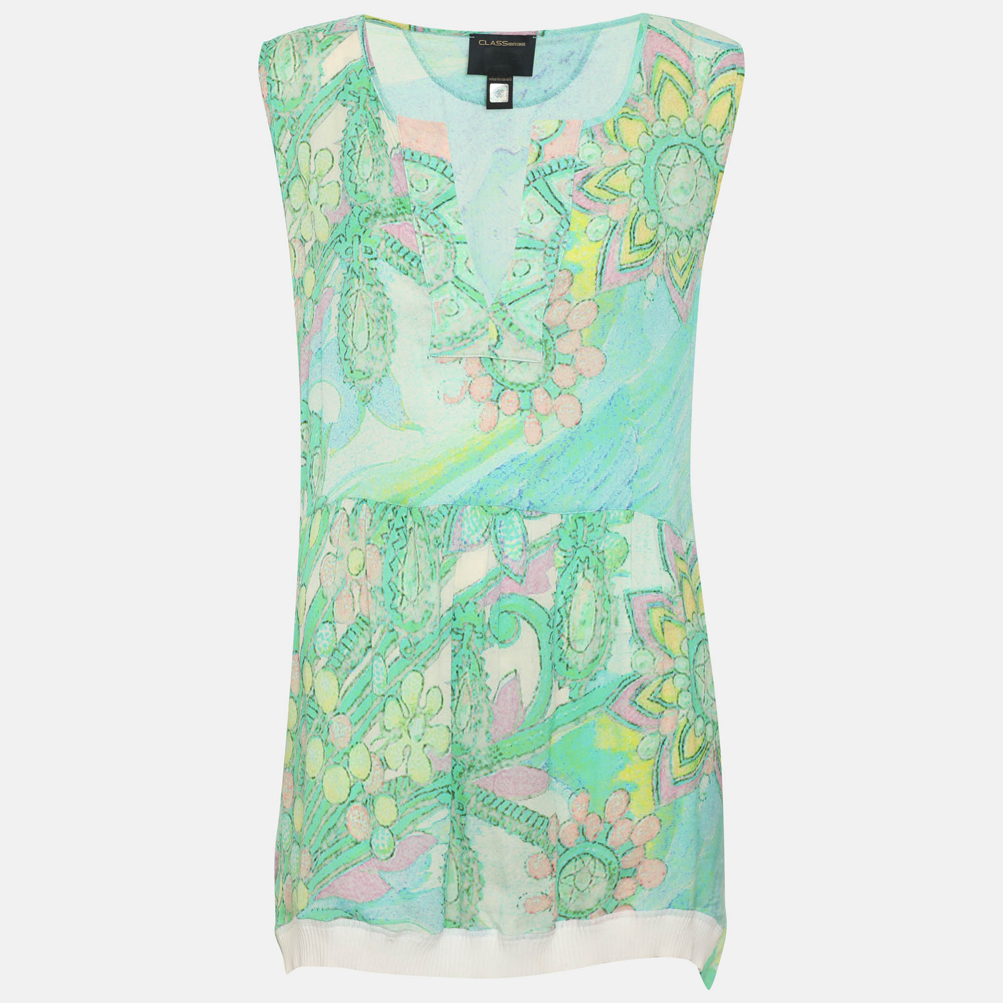Class by Roberto Cavalli Green Printed Crepe Sleeveless Tunic Tops