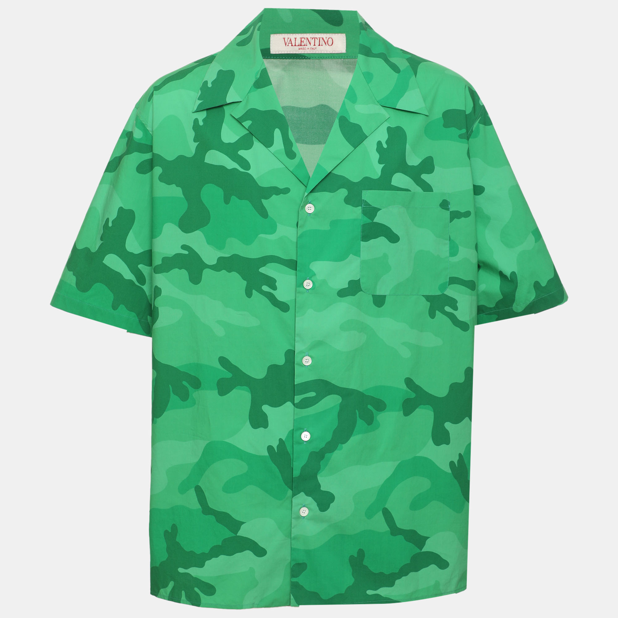 Valentino Green Camouflage Print Poplin Camp Shirt L