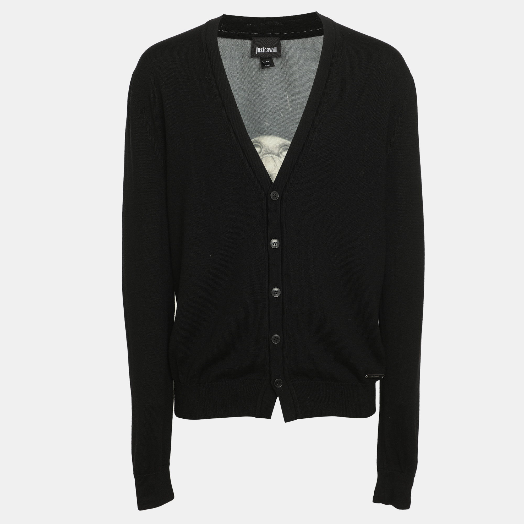 Just Cavalli Black/Grey Multicolor Printed Skull Wool Cardigan M