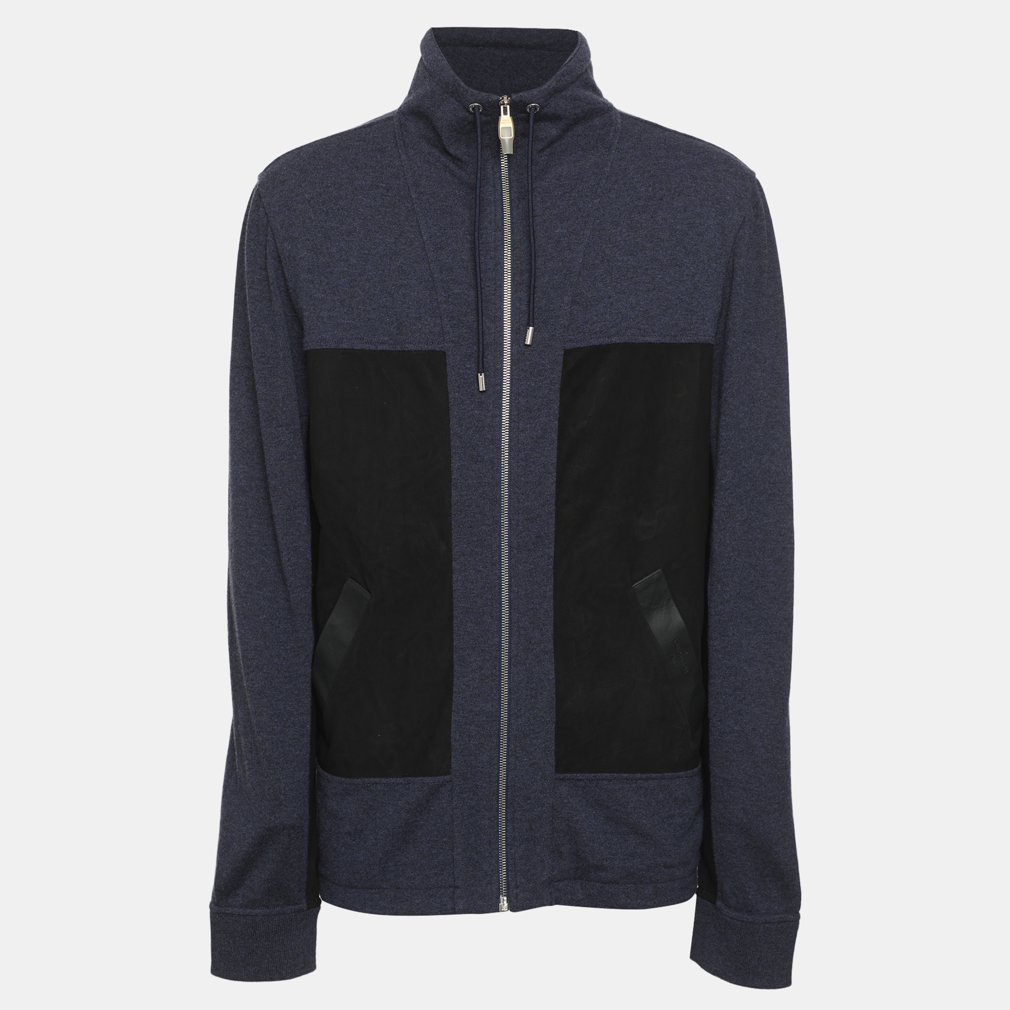 Louis Vuitton Blue/Black Wool Blend and Leather Pullover Cardigan XL