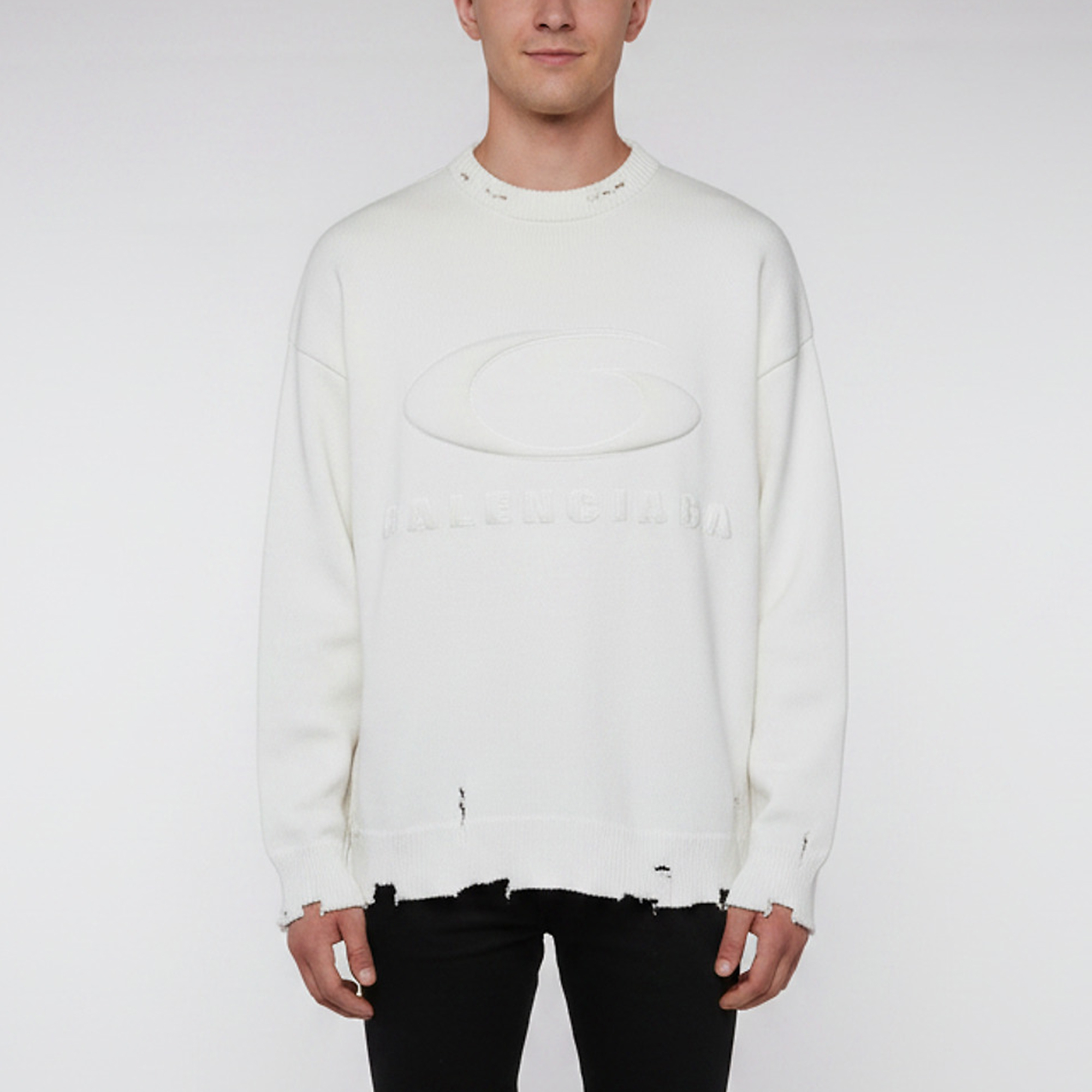 Balenciaga Unisex White Logo Embossed Distressed Knit Crewneck Sweater L