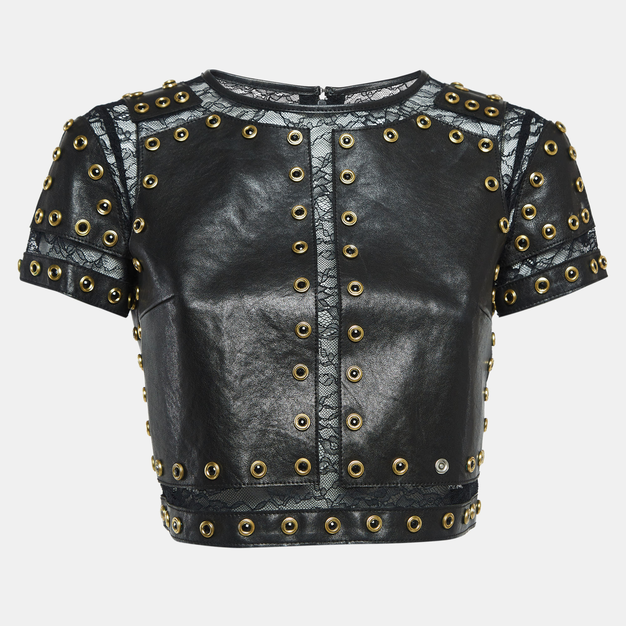 Alice + Olivia Black Lace Trim Leather Studded Crop Top XS