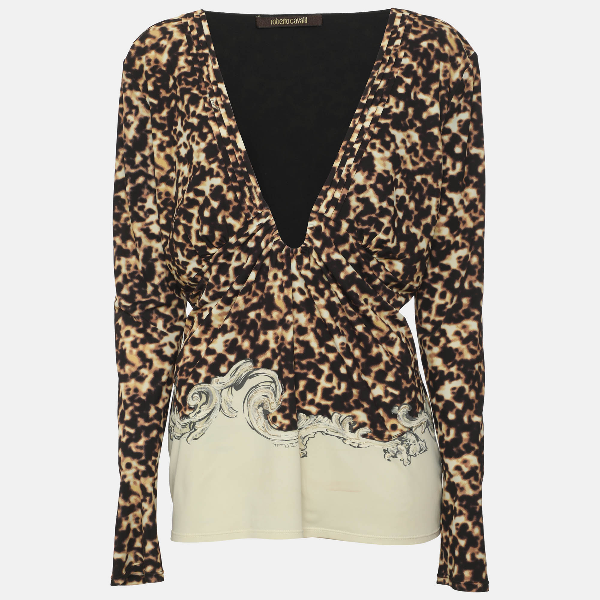 Roberto Cavalli Multicolor Printed Jersey V Neck Tops L