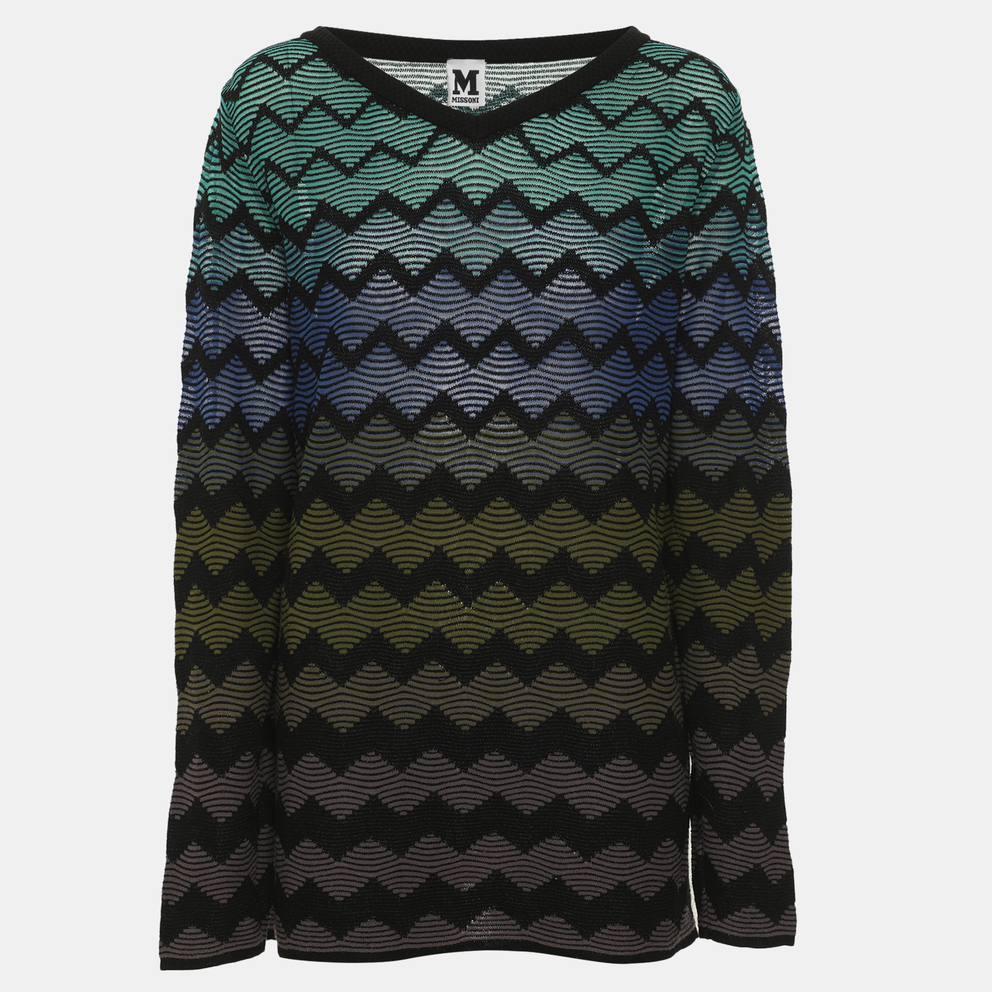 M Missoni Multicolor Chevron Patterned Knit Long Sleeve Sweater L