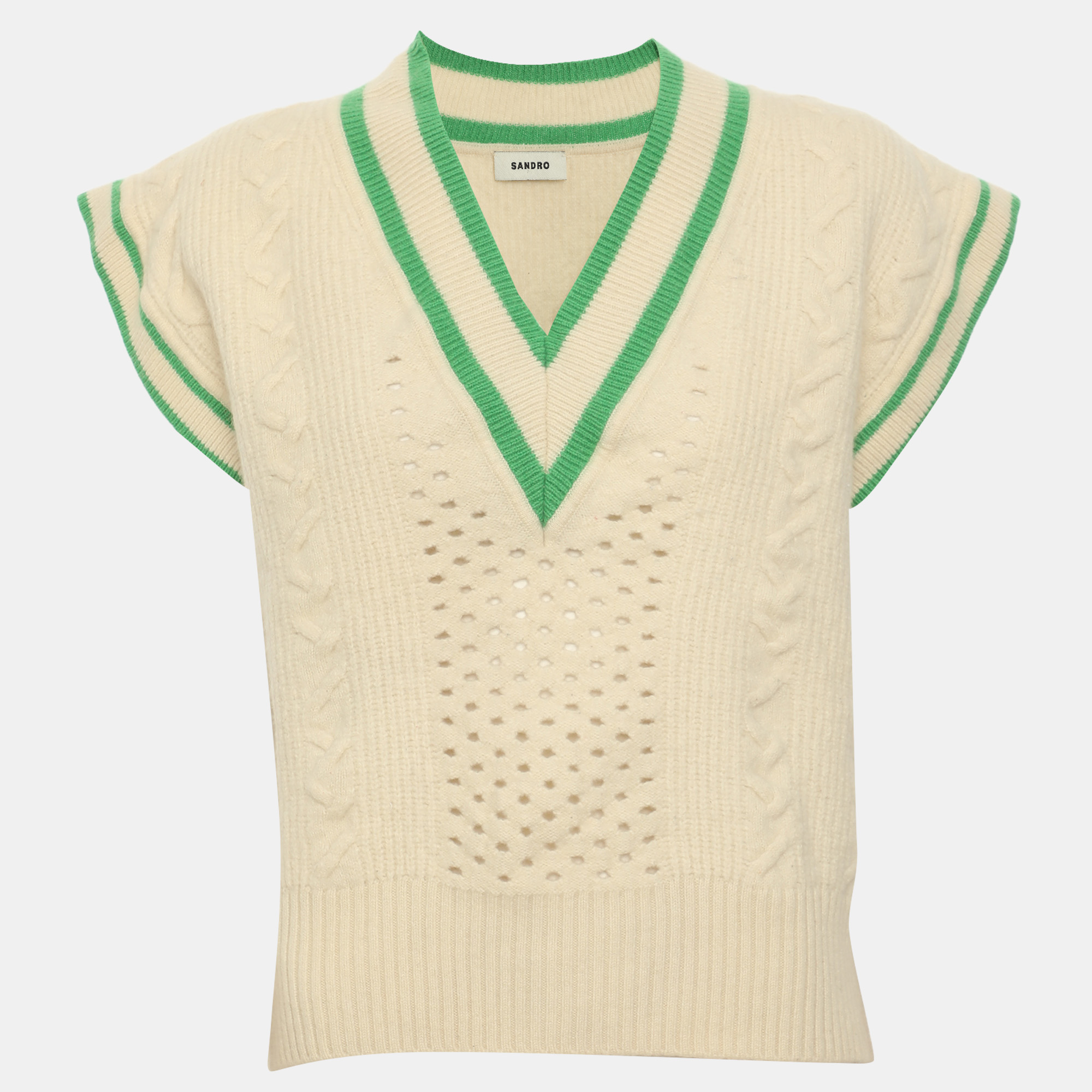 Sandro Light Beige/Green Wool Blend V Neck Vest S