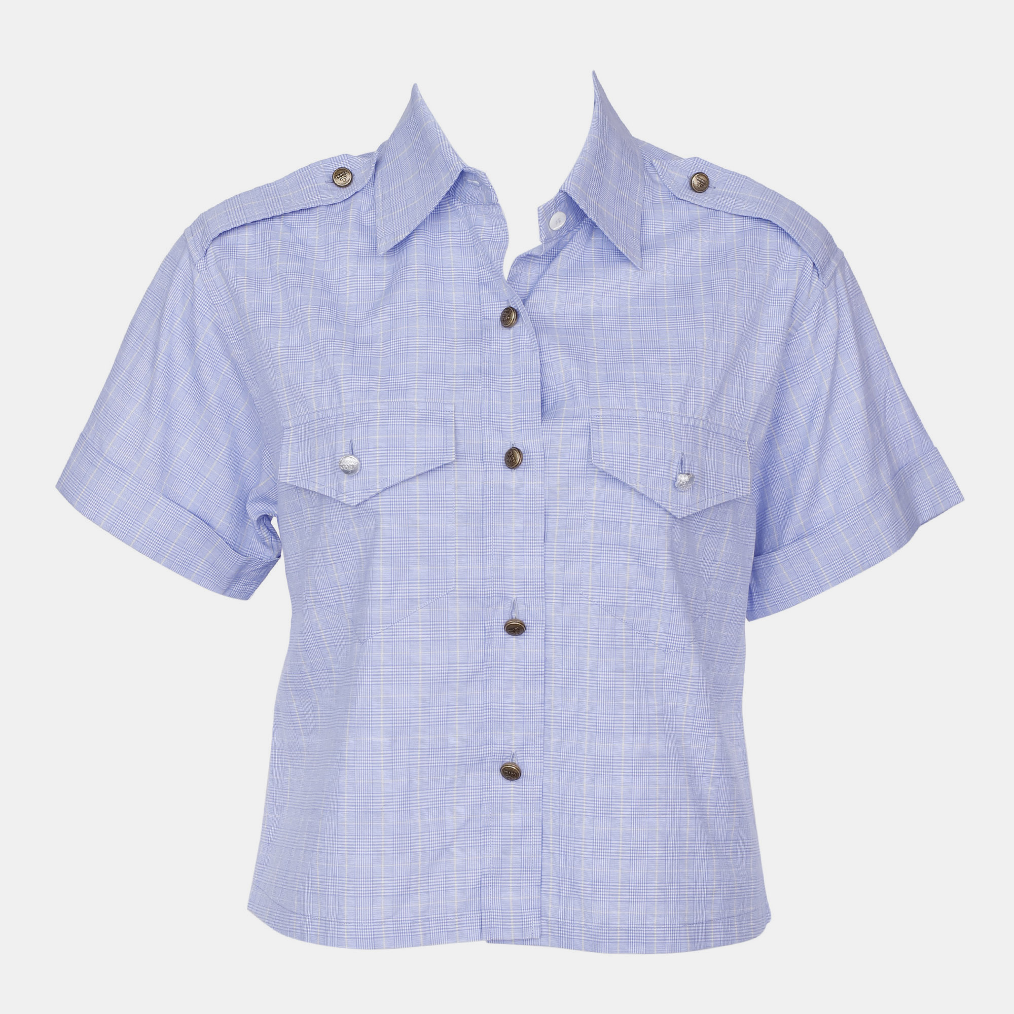 Prada Blue Cotton Checked Collared Cropped Top Size XS