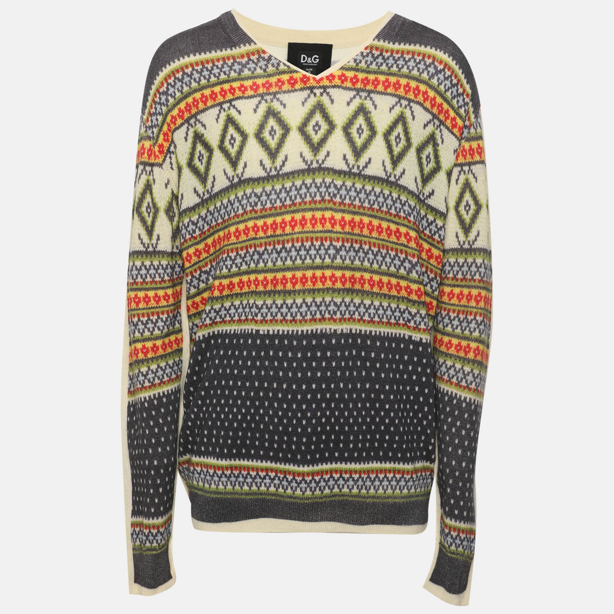 D&G Multicolor Printed Wool Nordic Inspired Patterned Sweater XXL