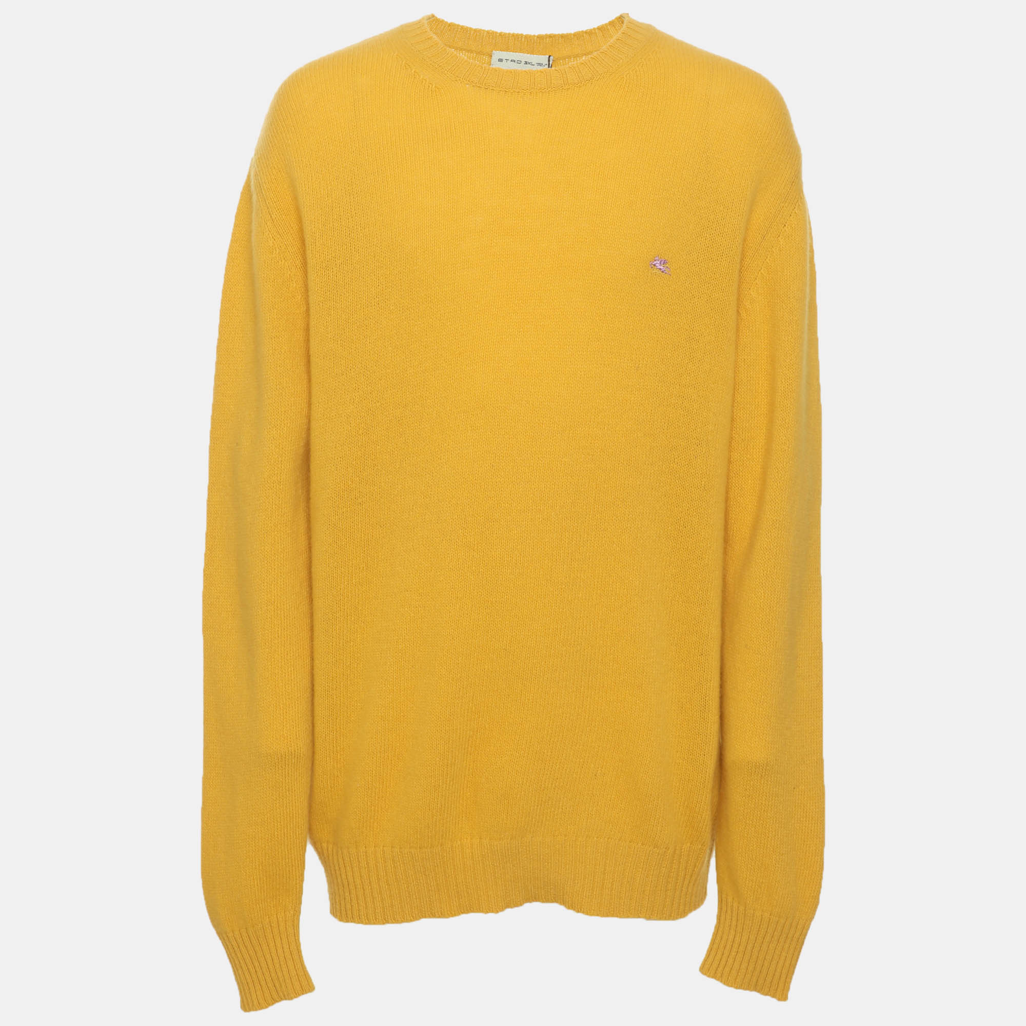 Etro Yellow Rib Knit Wool Logo Embroidered Crew Neck Sweater XXXL