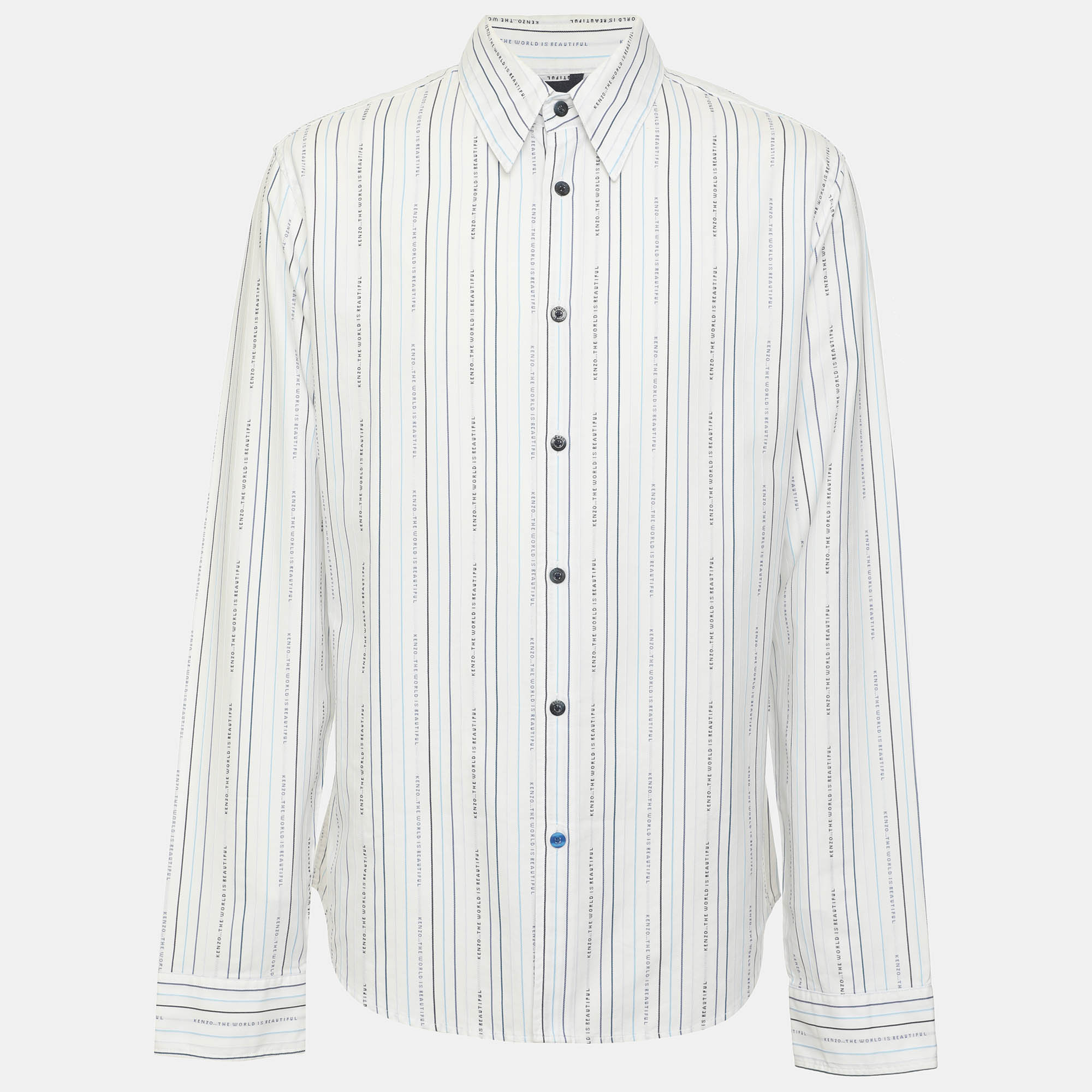 Kenzo White/Blue Striped Logo Cotton Long Sleeve Shirt L