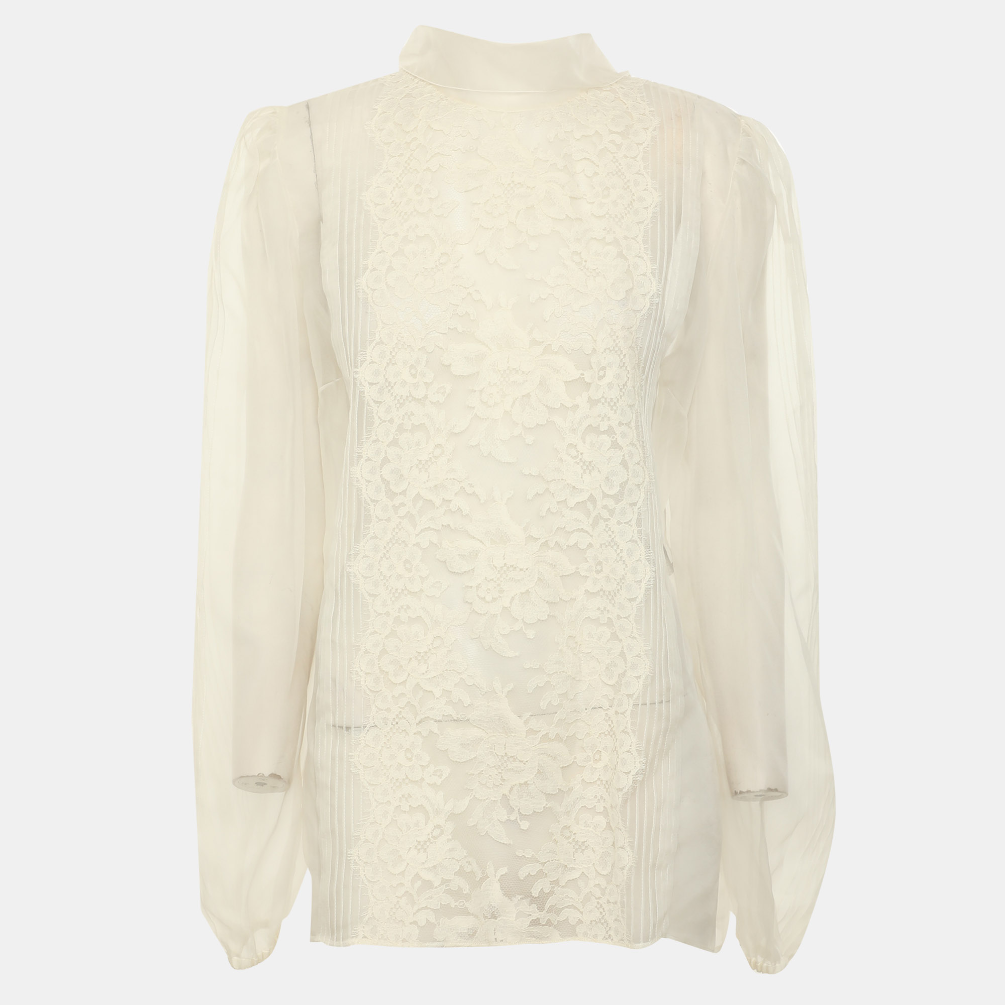 Dolce & Gabbana White Tulle and Lace Long Sleeve Tops L
