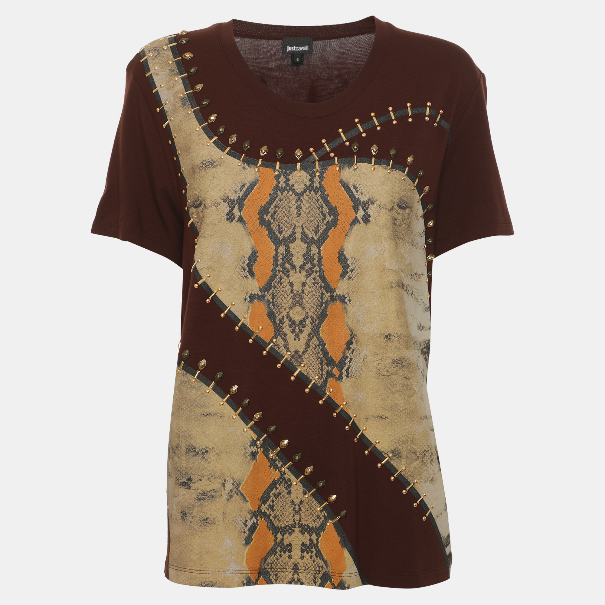 Just Cavalli Brown Multicolor Snake Print Jersey Studded Tops S