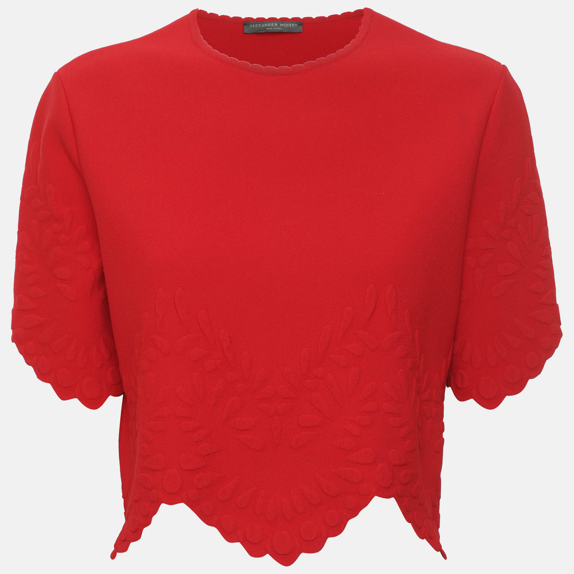 Alexander McQueen Red Textured Stretch Knit Scallop Hem Top M