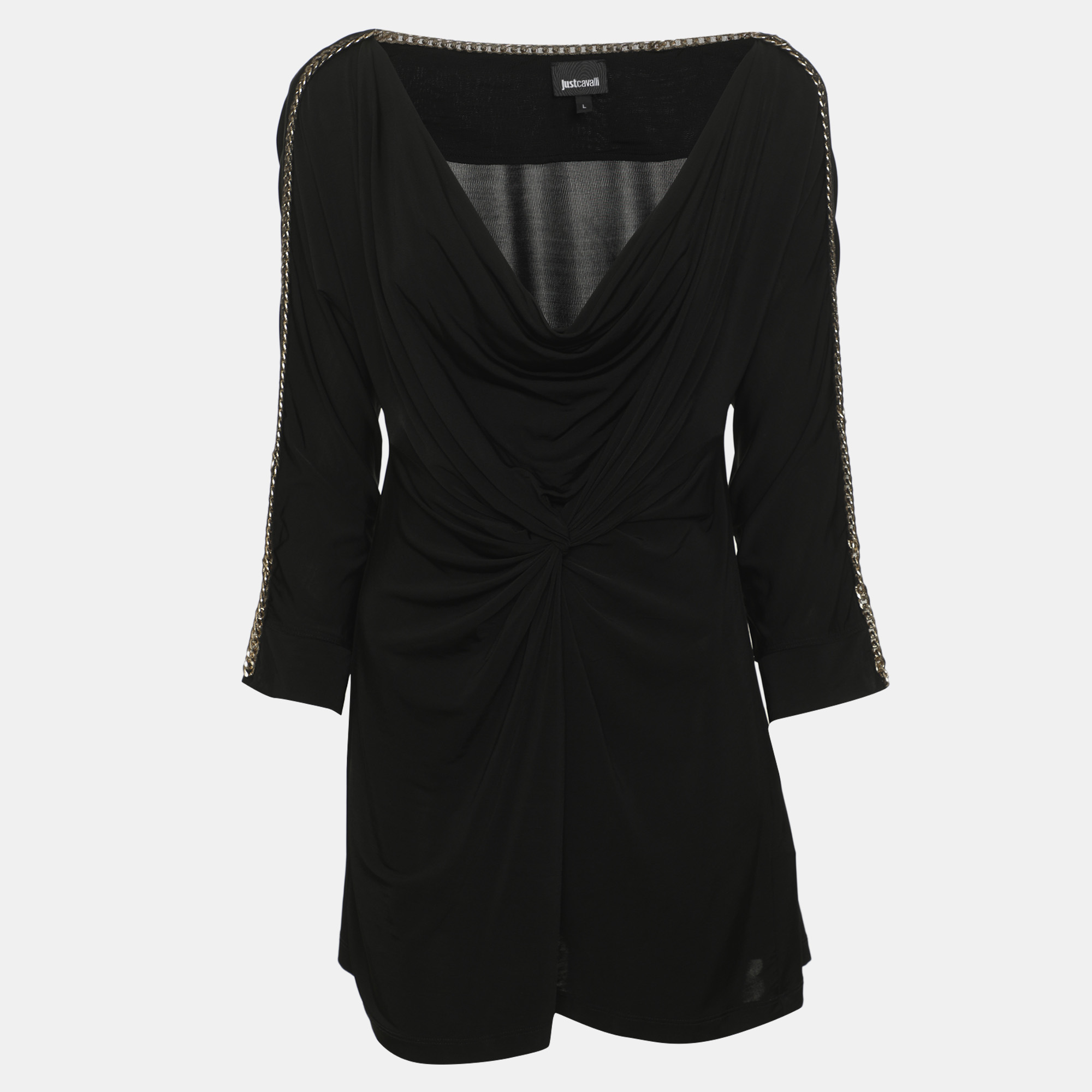 Just Cavalli Black Jersey Draped Chain Link Detail Top L