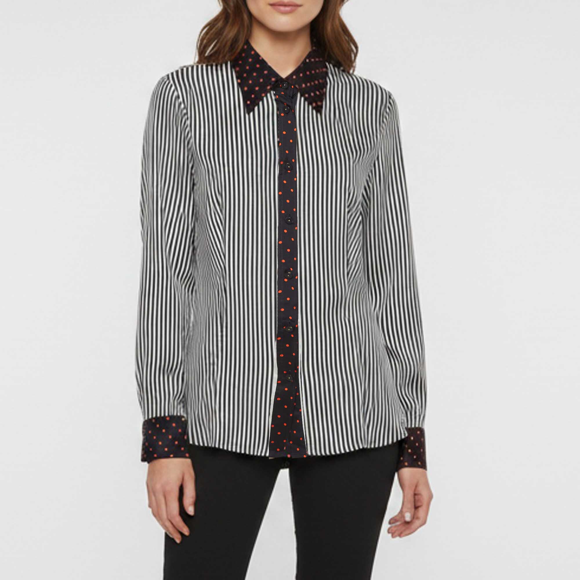Escada Navy Blue/White Striped Polka Dot Satin Shirt L