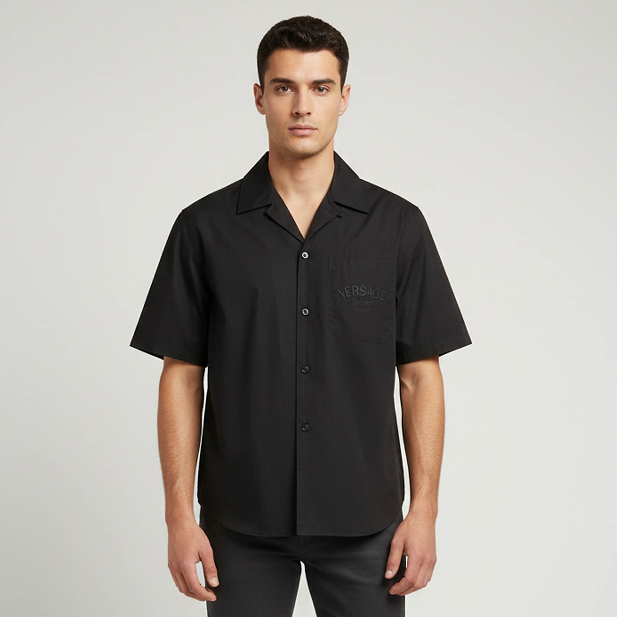 Versace Black Barocco Print Cotton and Silk Short Sleeve Shirt M