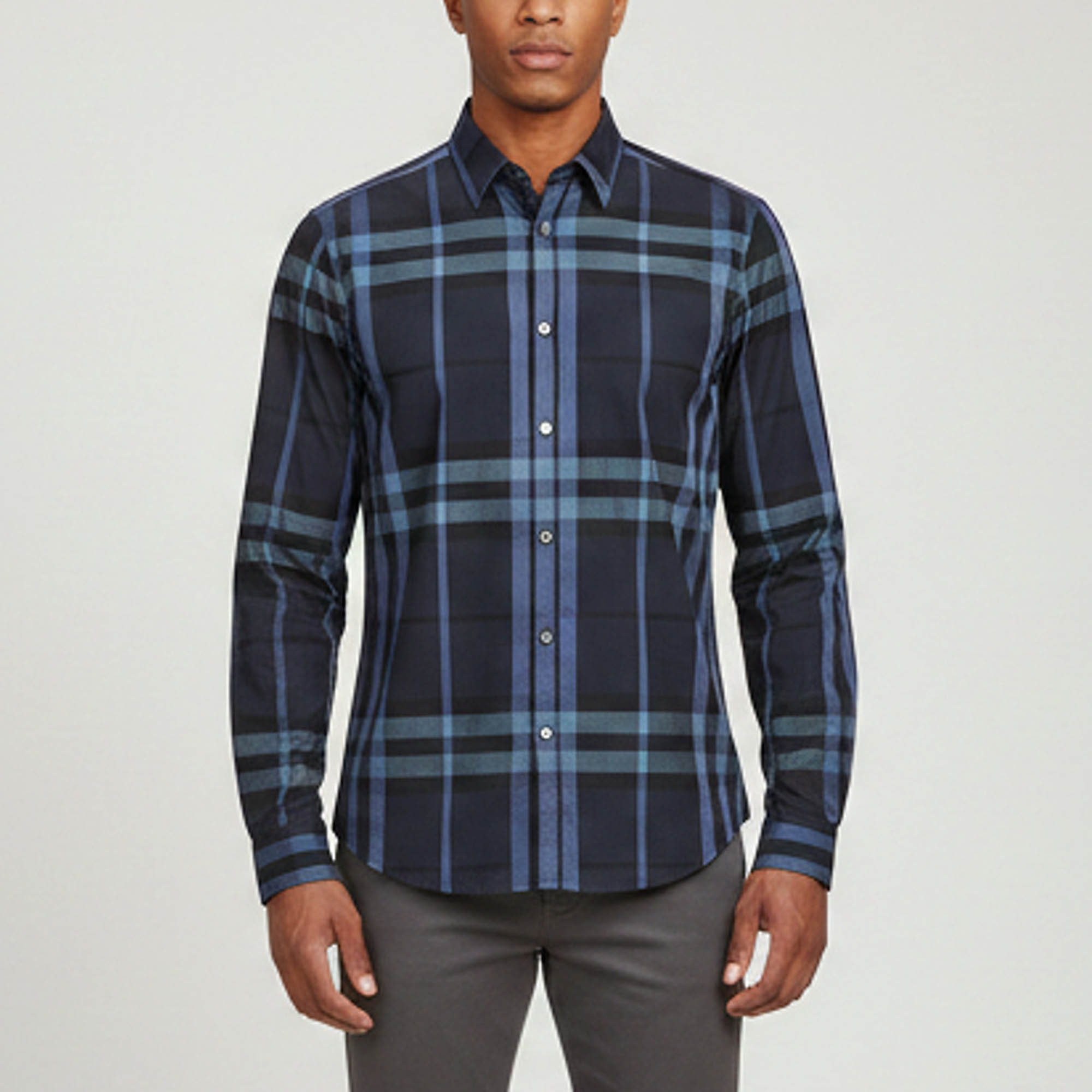 Burberry Navy Blue Check Print Poplin Button Up Shirt M